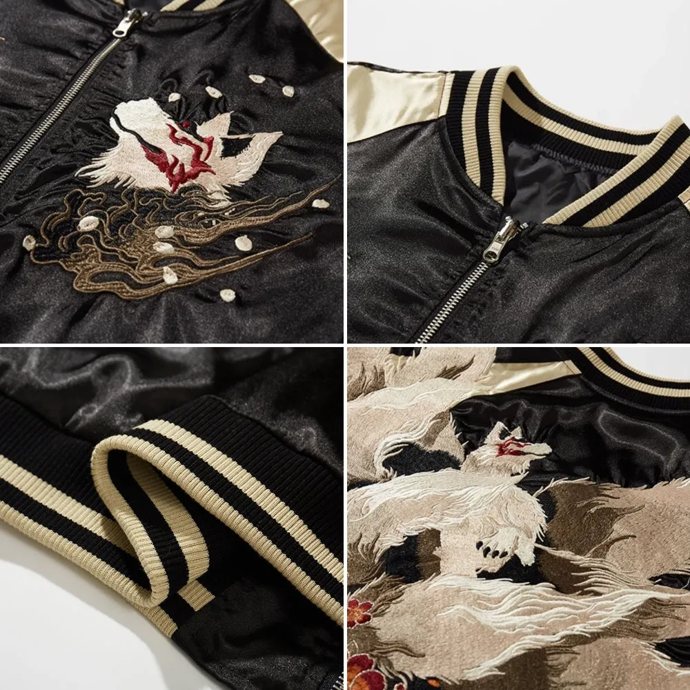 WLS Embroidered White Fox Baseball Zipper Jacket