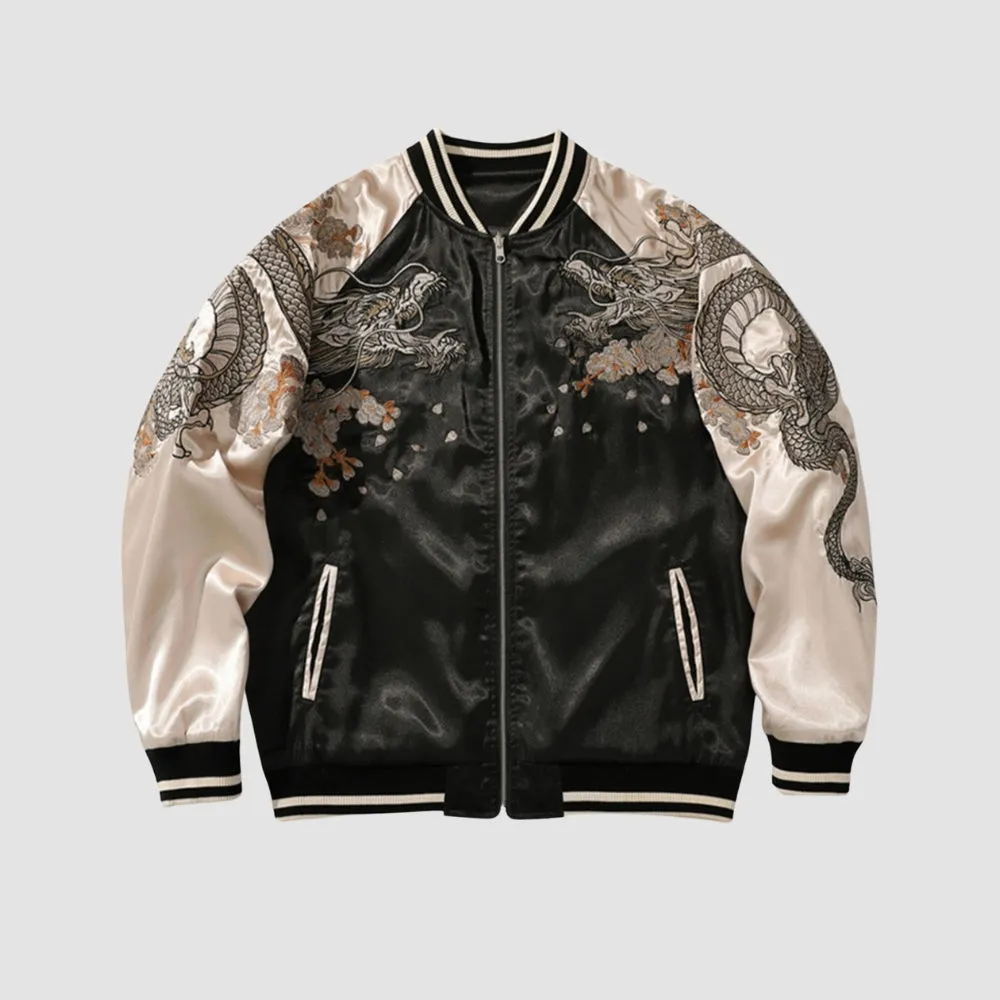 WLS Embroidered White Fox Baseball Zipper Jacket