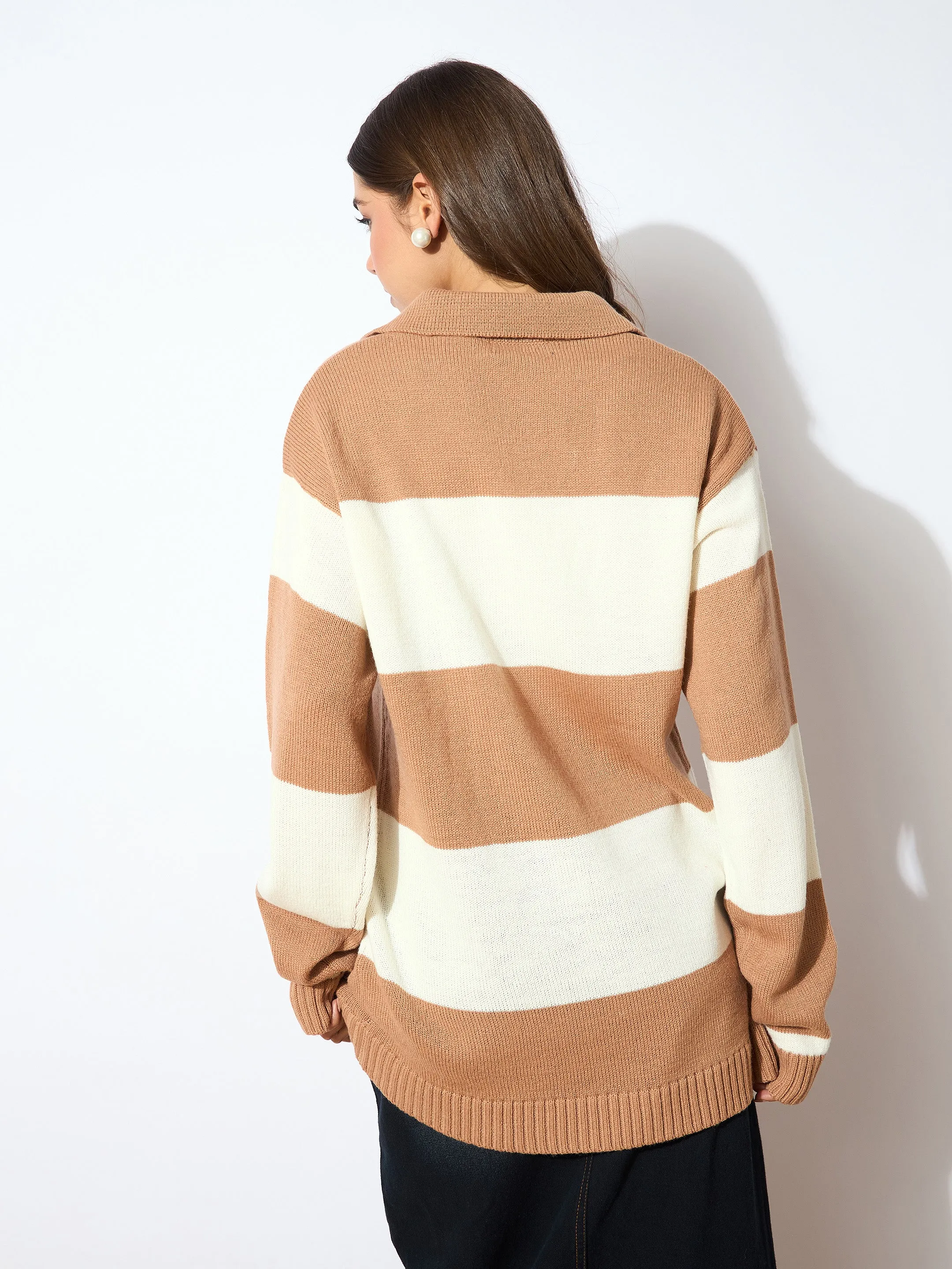 Women Beige And White Polo Neck Sweater