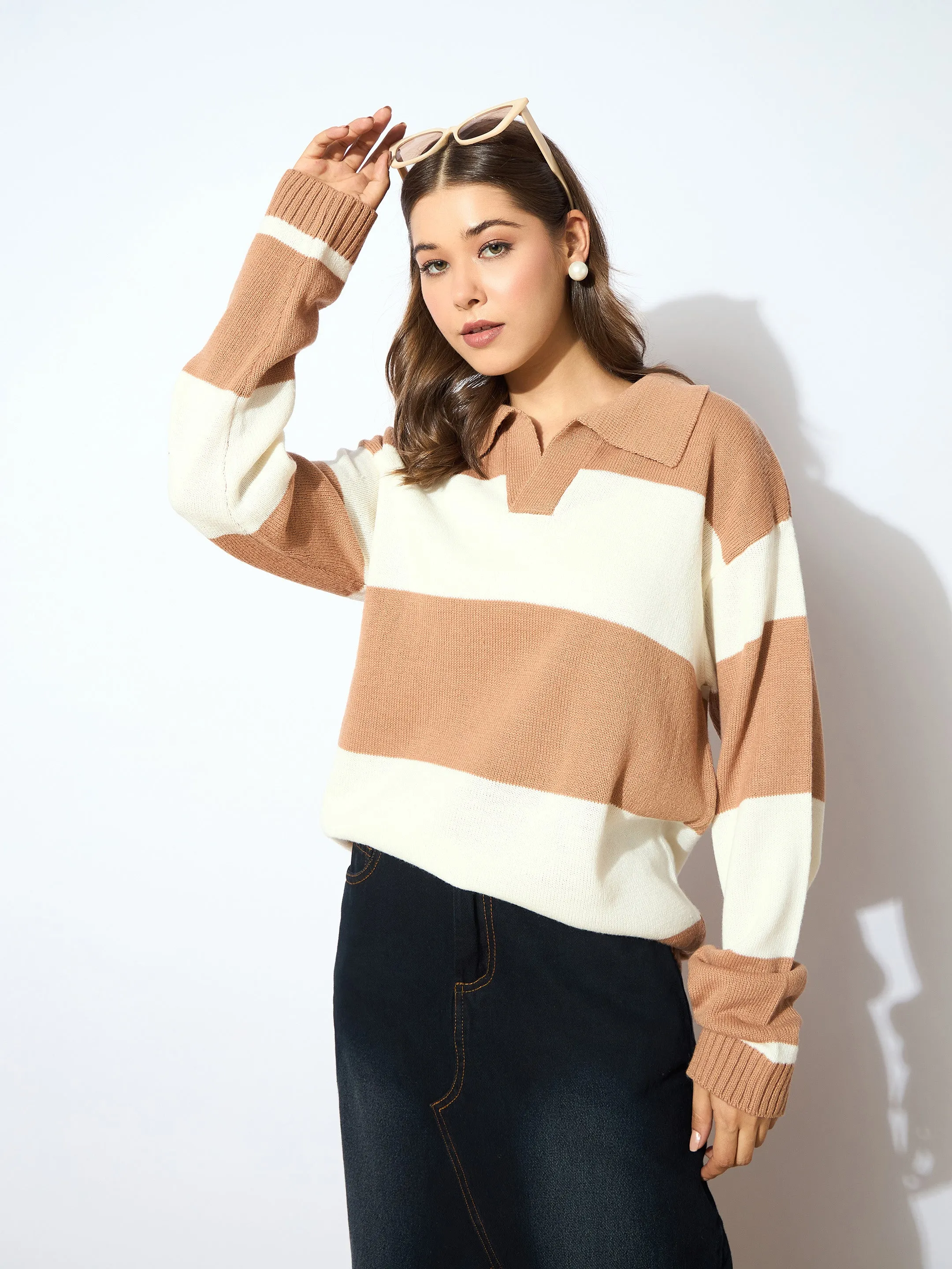 Women Beige And White Polo Neck Sweater