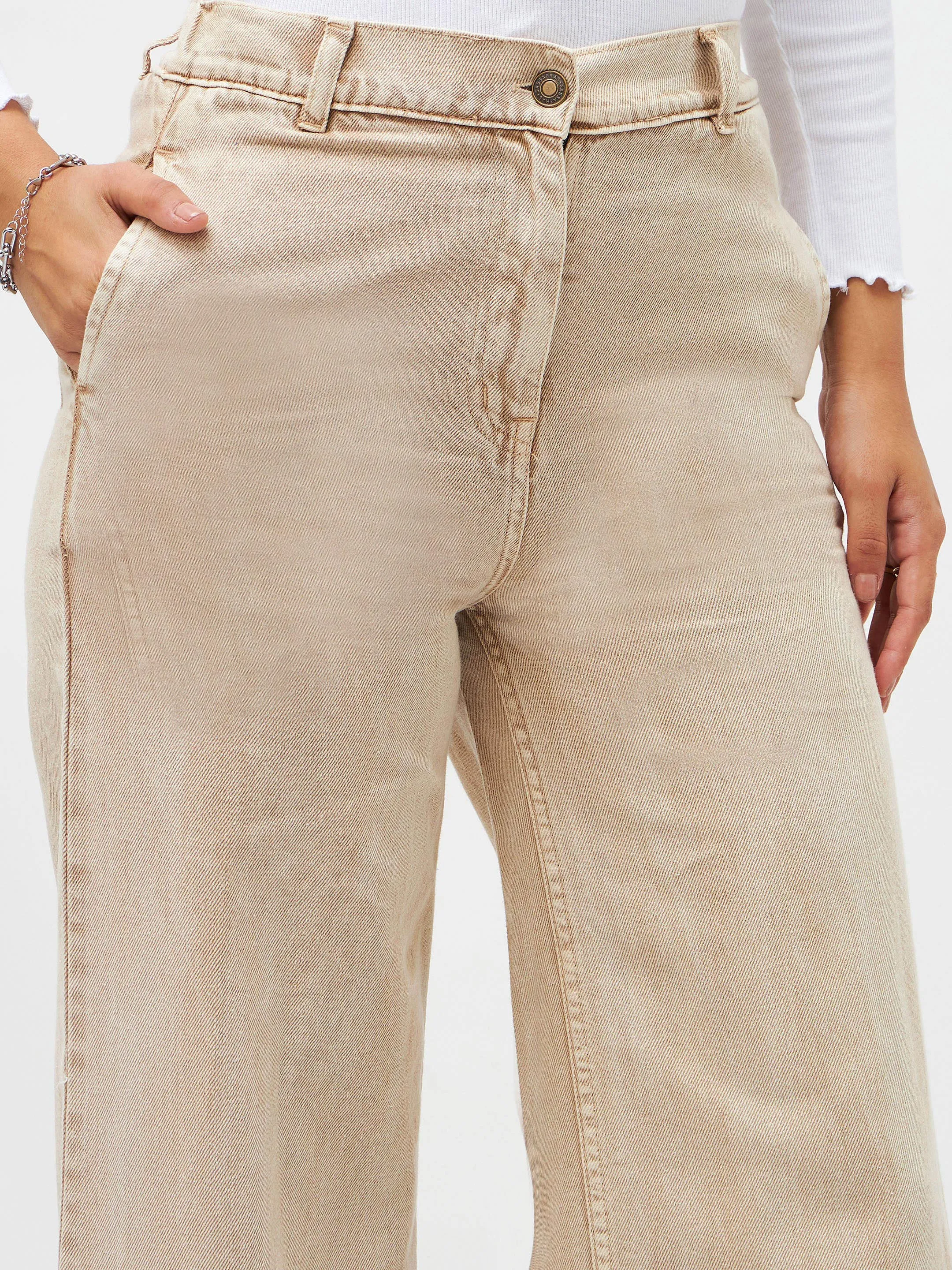 Women Beige Denim Flared Pants