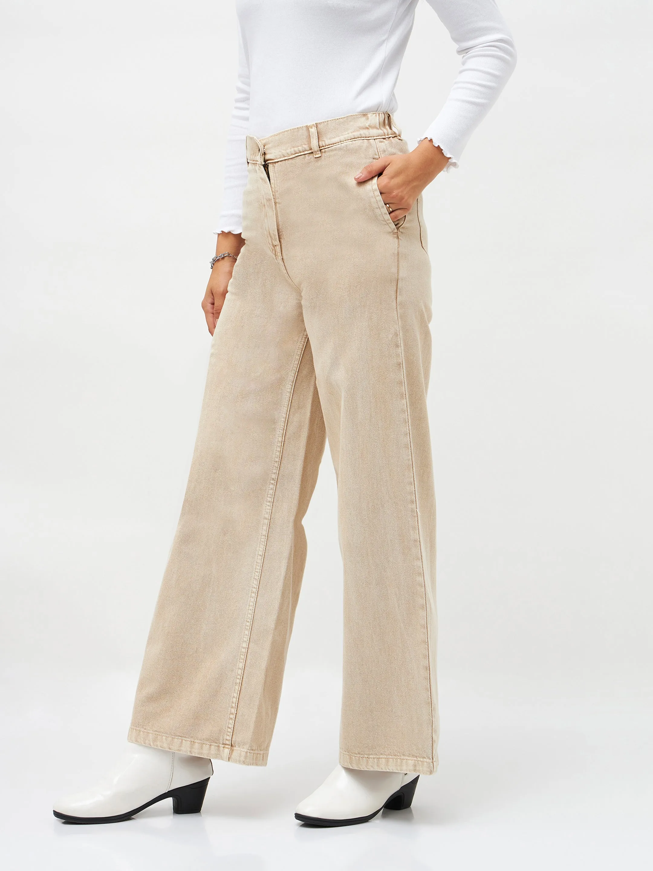 Women Beige Denim Flared Pants