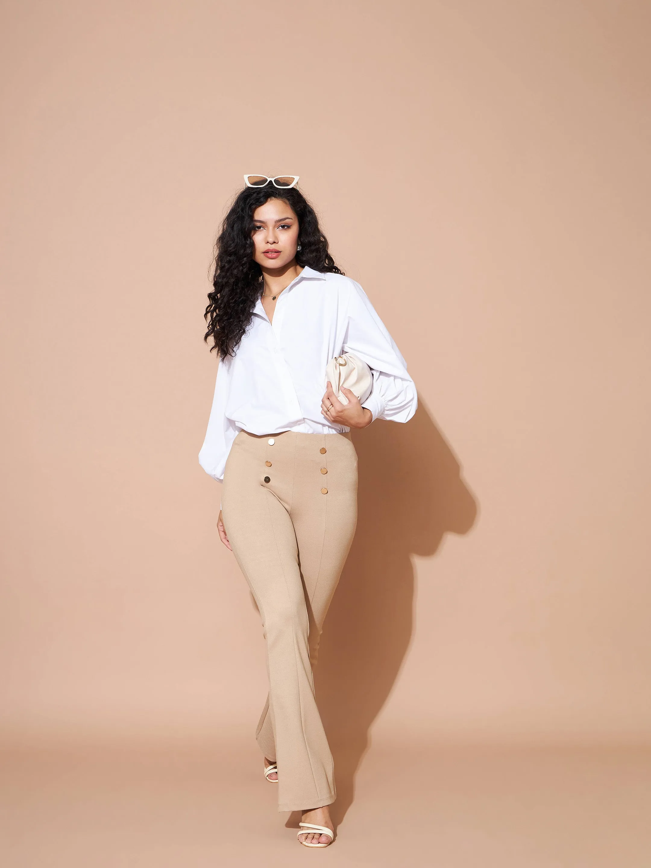 Women Beige High Waist Gold Show Buttons Pants