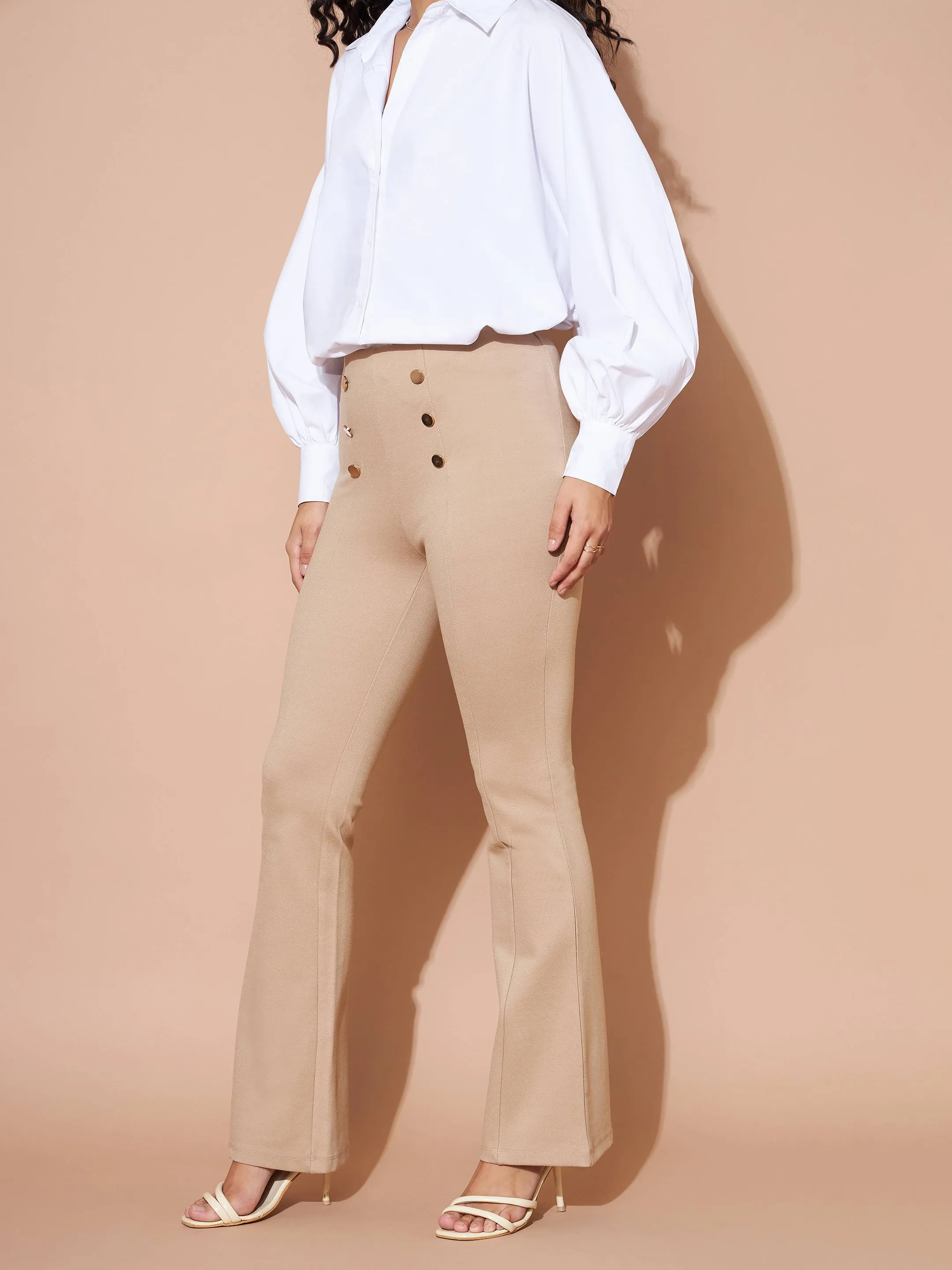 Women Beige High Waist Gold Show Buttons Pants