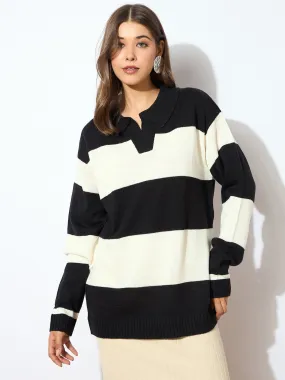 Women Black And White Polo Neck Sweater