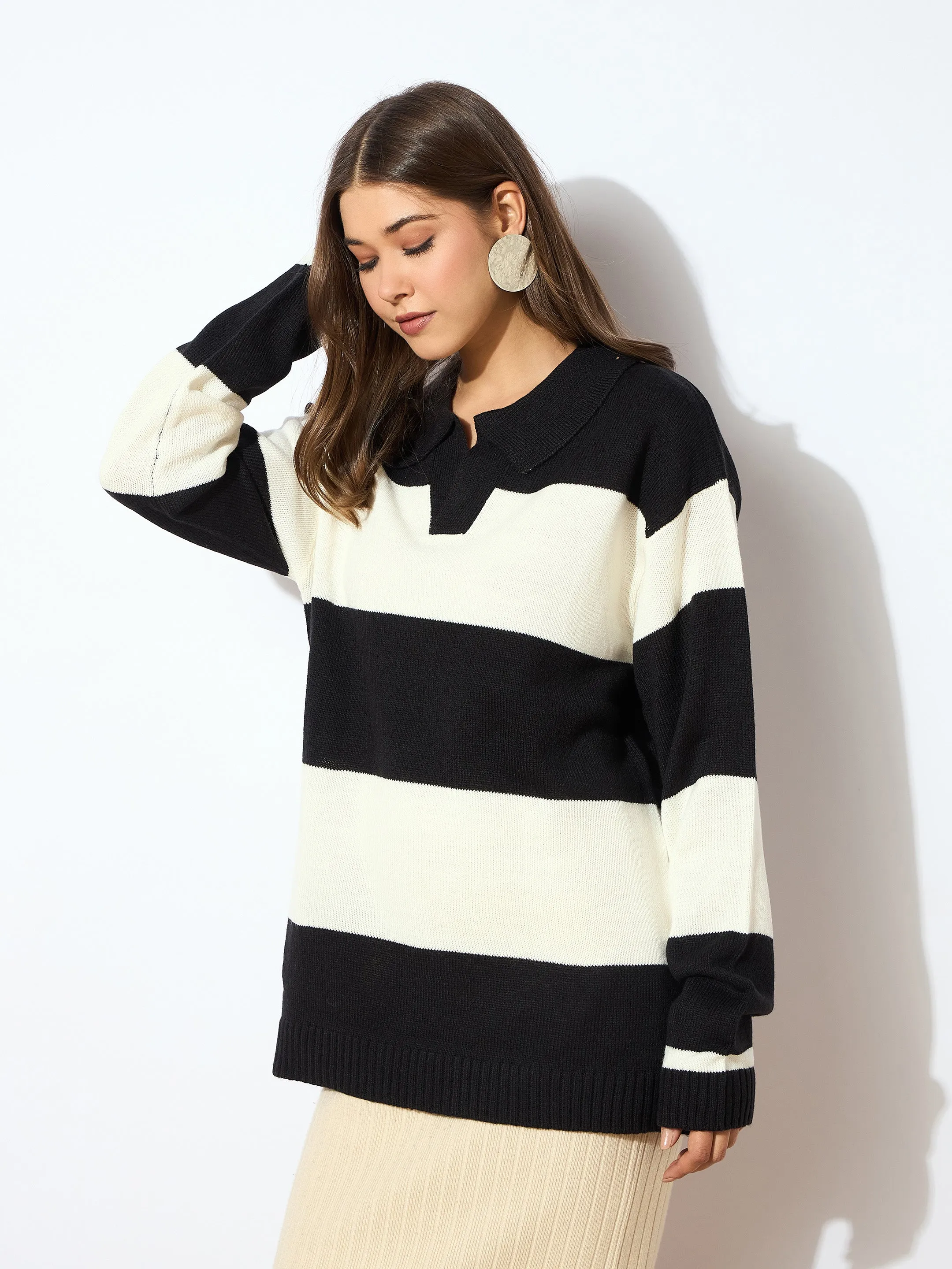 Women Black And White Polo Neck Sweater