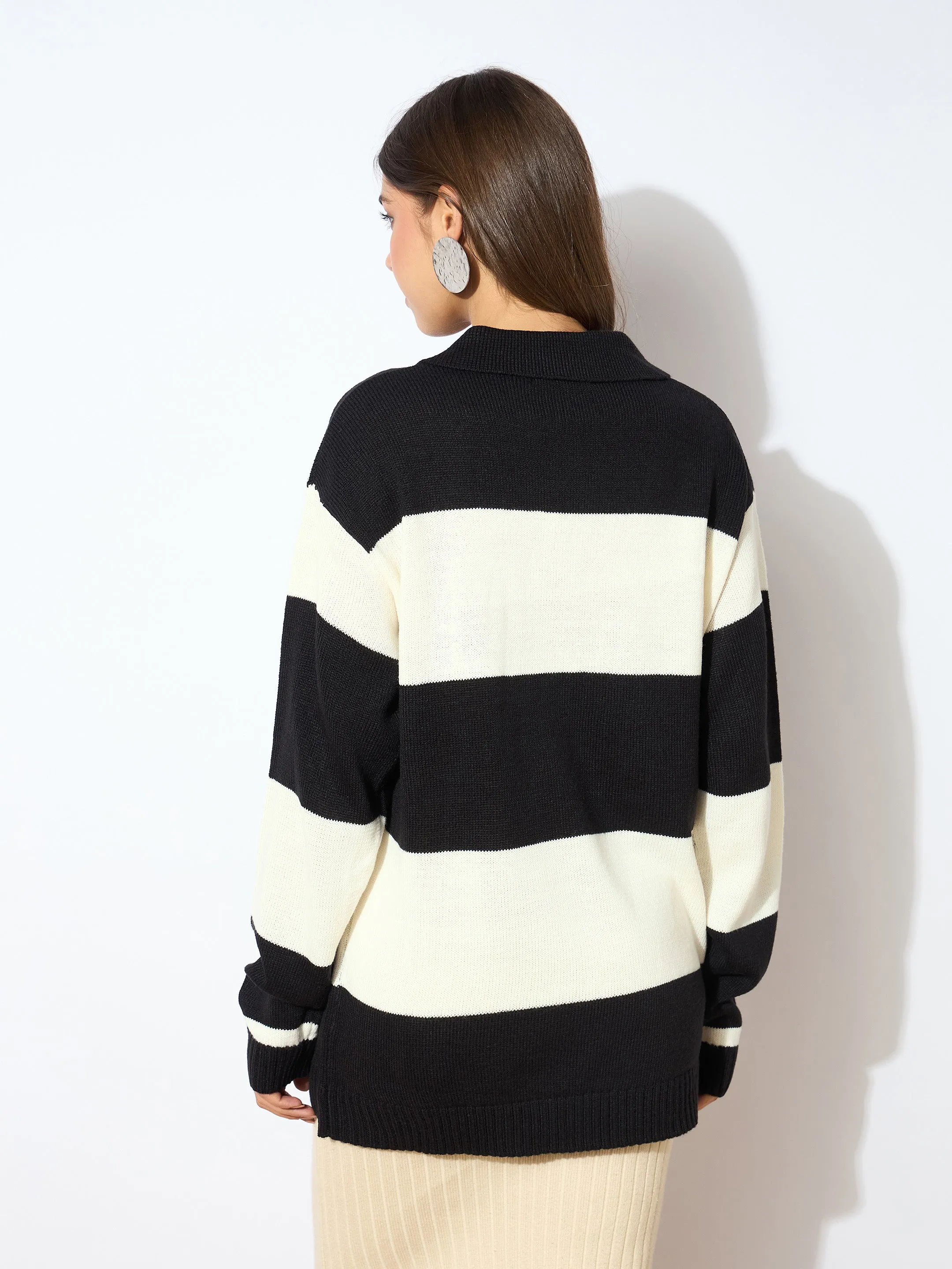 Women Black And White Polo Neck Sweater