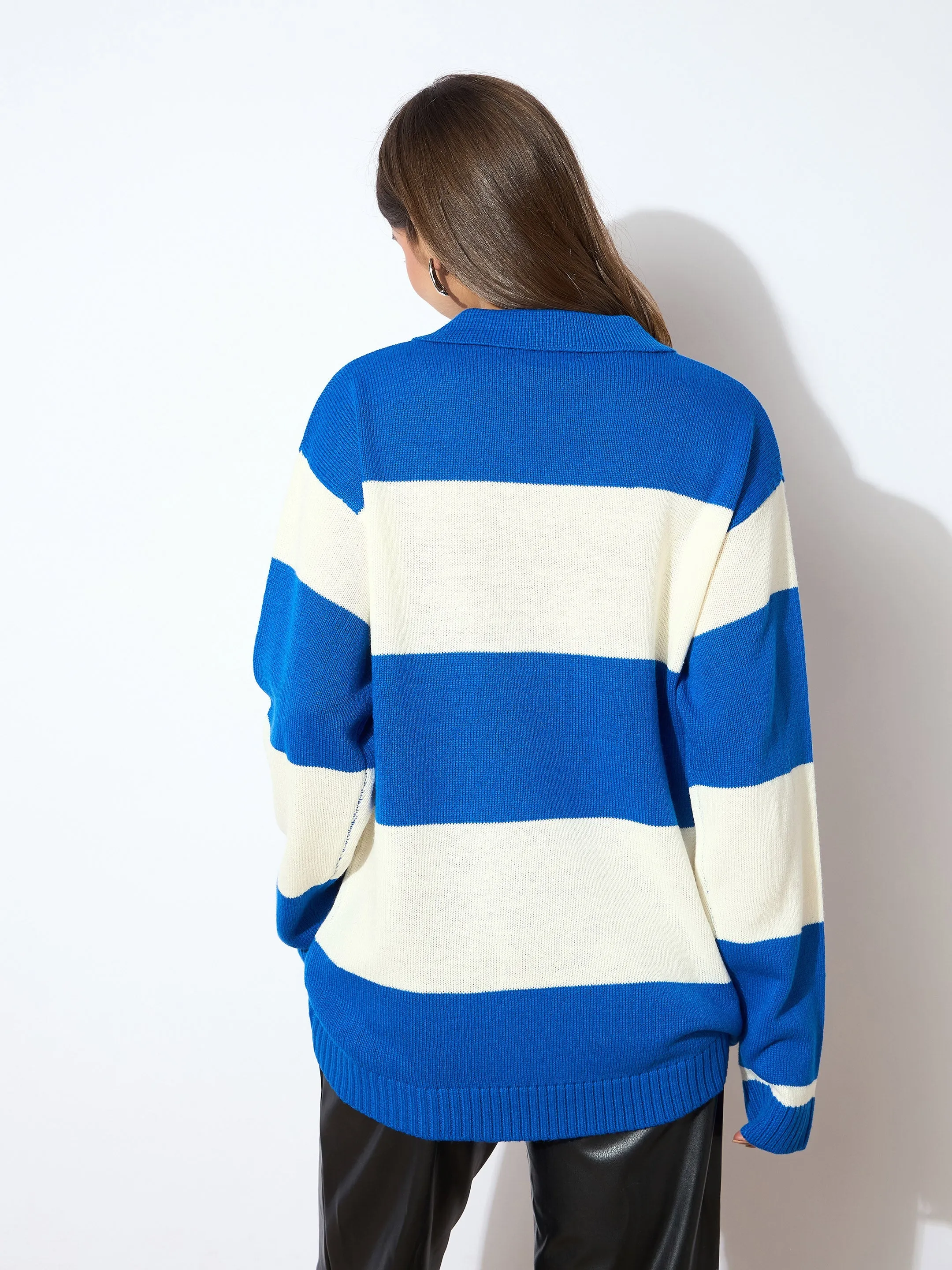 Women Blue And White Polo Neck Sweater