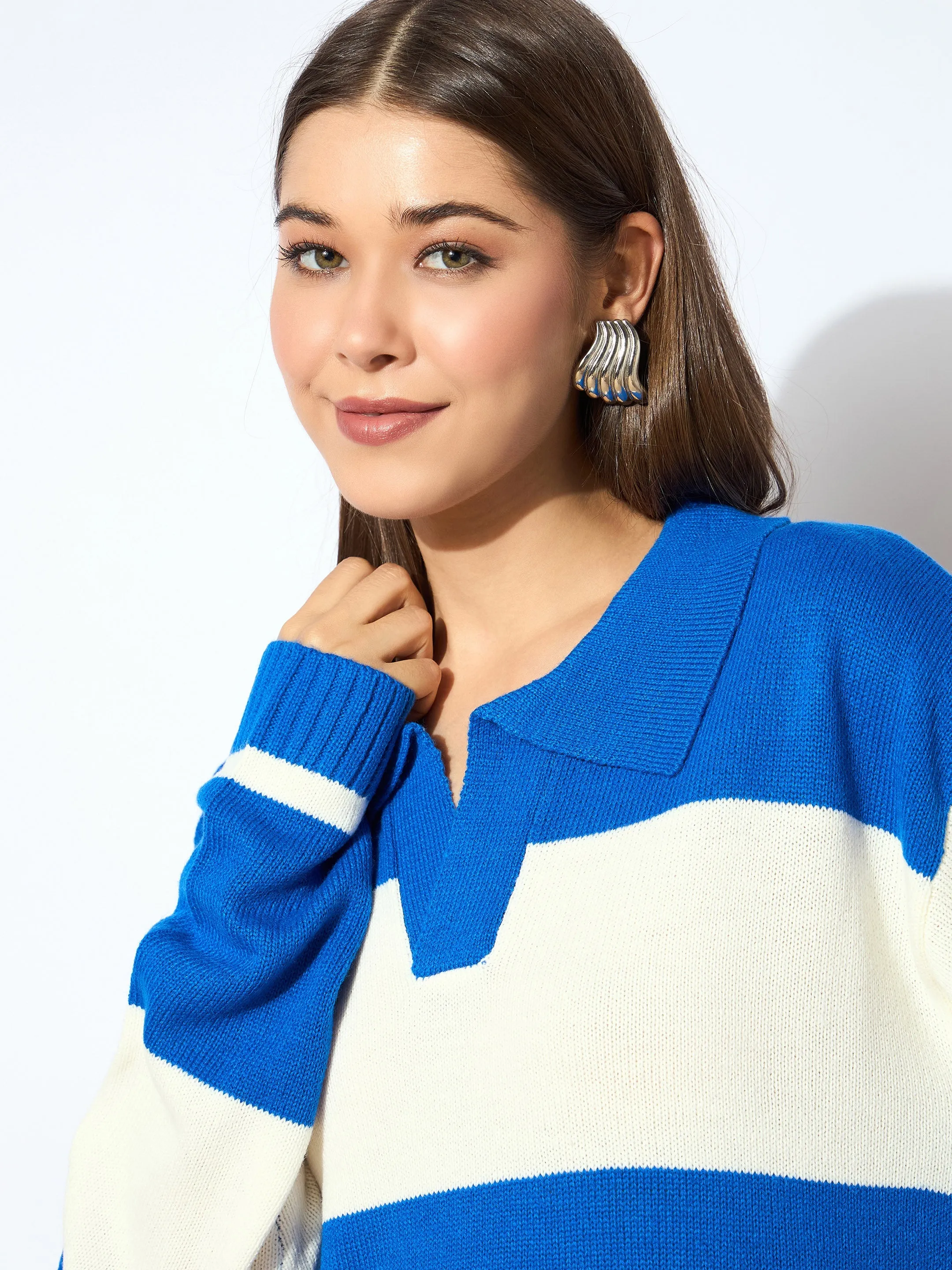 Women Blue And White Polo Neck Sweater