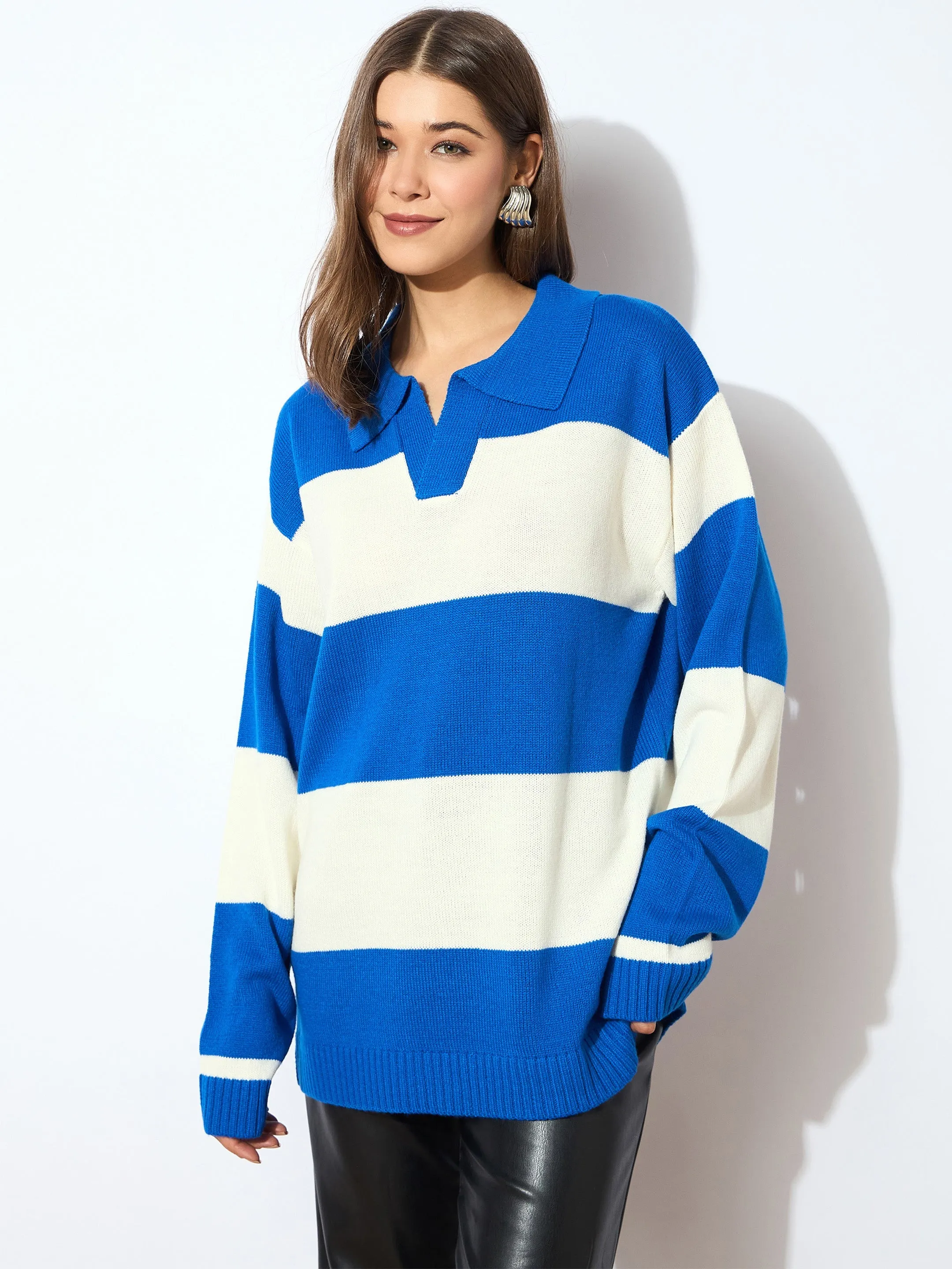 Women Blue And White Polo Neck Sweater