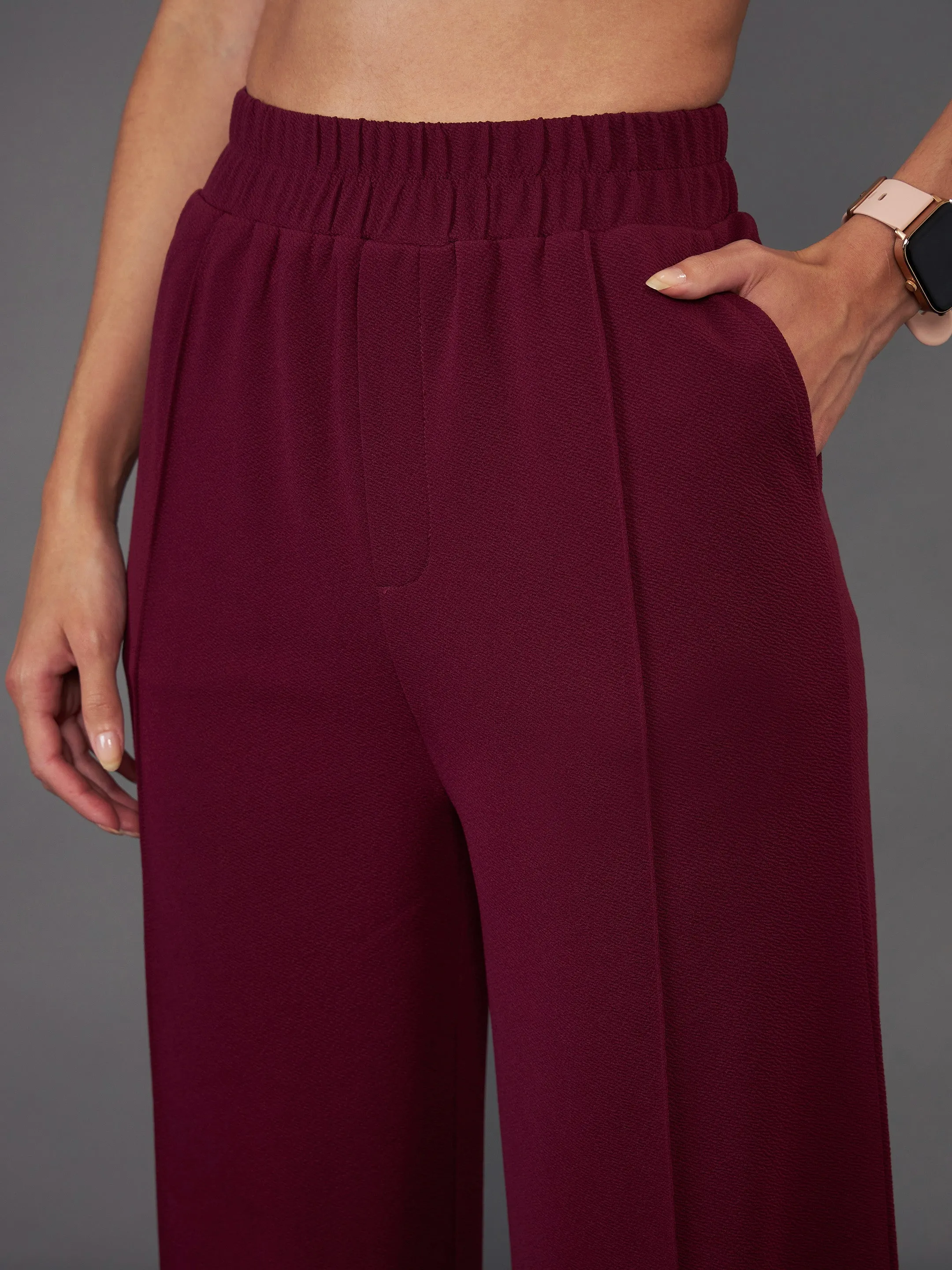 Women Burgundy Front Button Blazer With Palazzo Pants