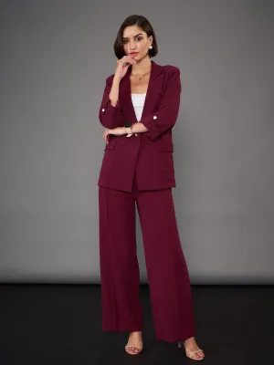 Women Burgundy Front Button Blazer With Palazzo Pants