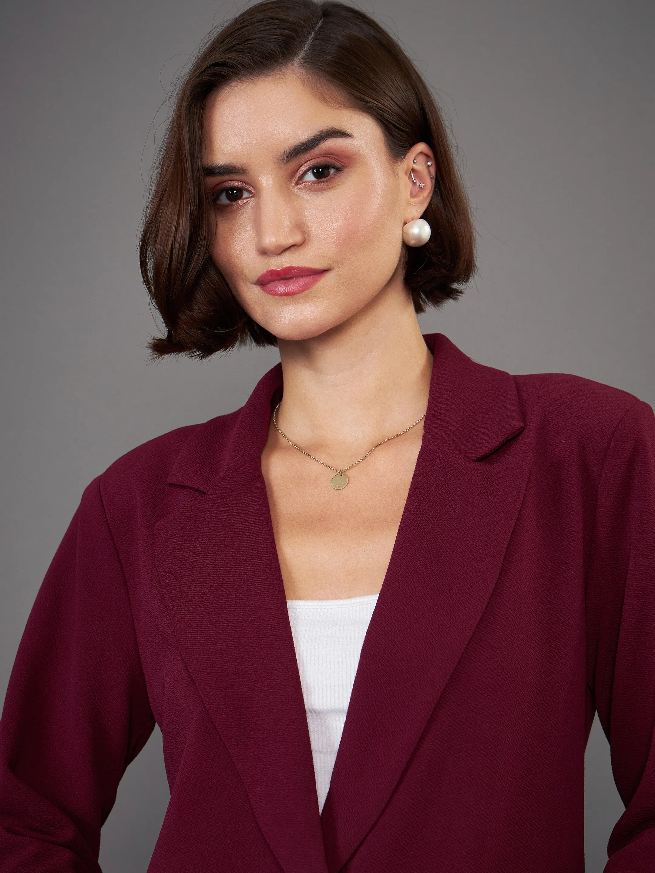 Women Burgundy Front Button Blazer With Palazzo Pants