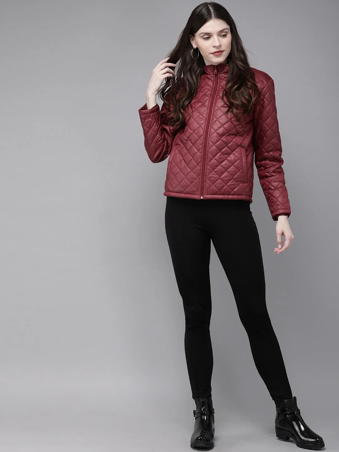 Women Burgundy Quilted Hooded Puffer Jacket