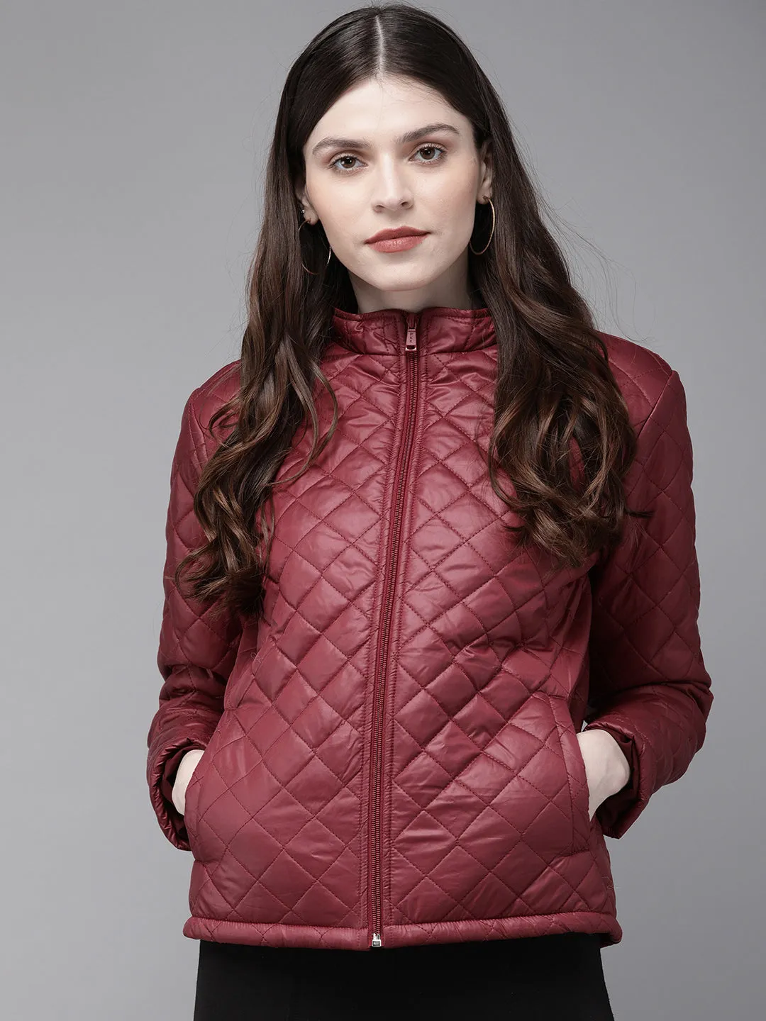 Women Burgundy Quilted Hooded Puffer Jacket