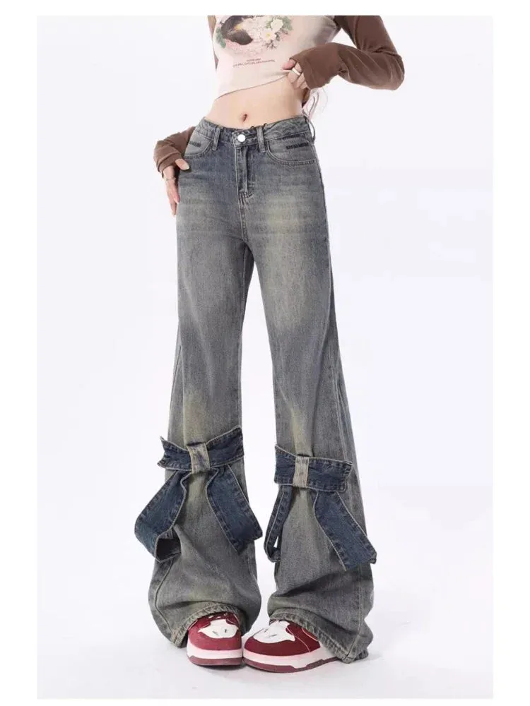 Women Fashion Denim Y2k Loose Straight High Waist Pants Streetwear Wide Leg Pants