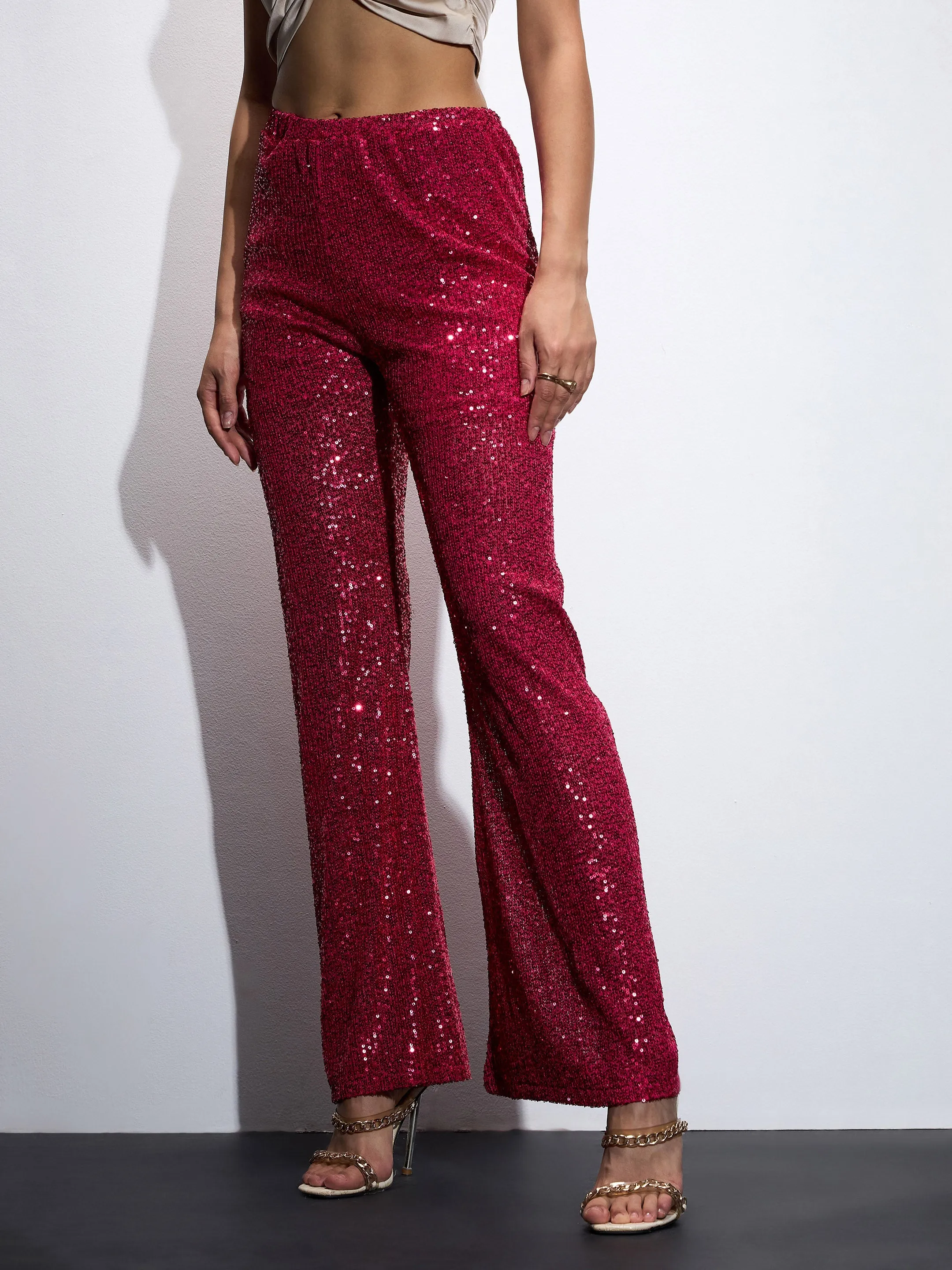 Women Fuchia Sequin Bell Bottom Pants