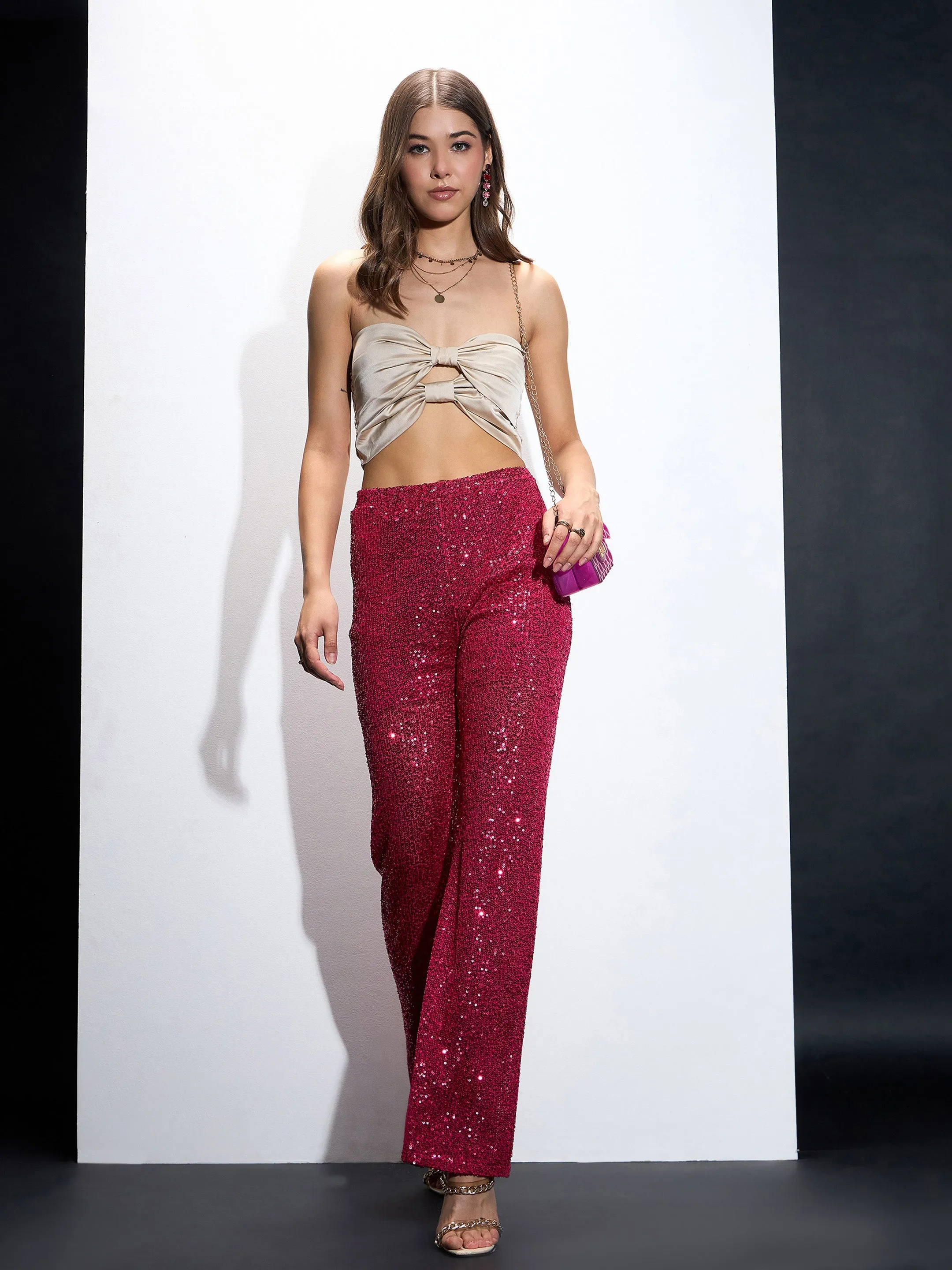 Women Fuchia Sequin Bell Bottom Pants