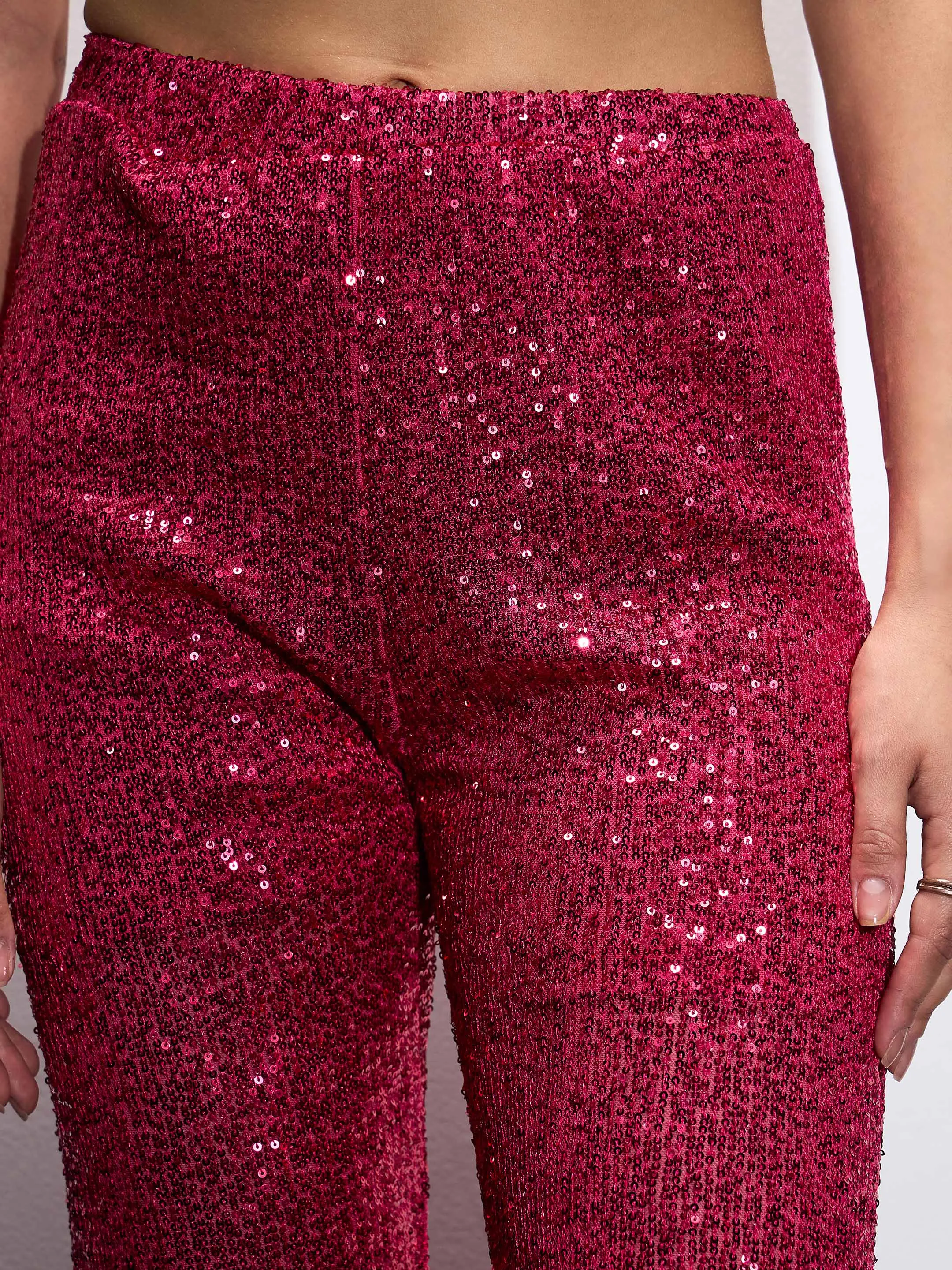 Women Fuchia Sequin Bell Bottom Pants