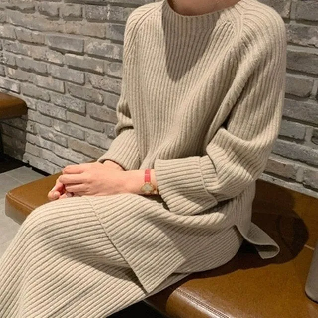 Women Knitted Autumn Winter O-neck Sweater 2 Piece Set  Fashion Solid Ladies Pullover Tops  Wide Leg Pants Home Suit