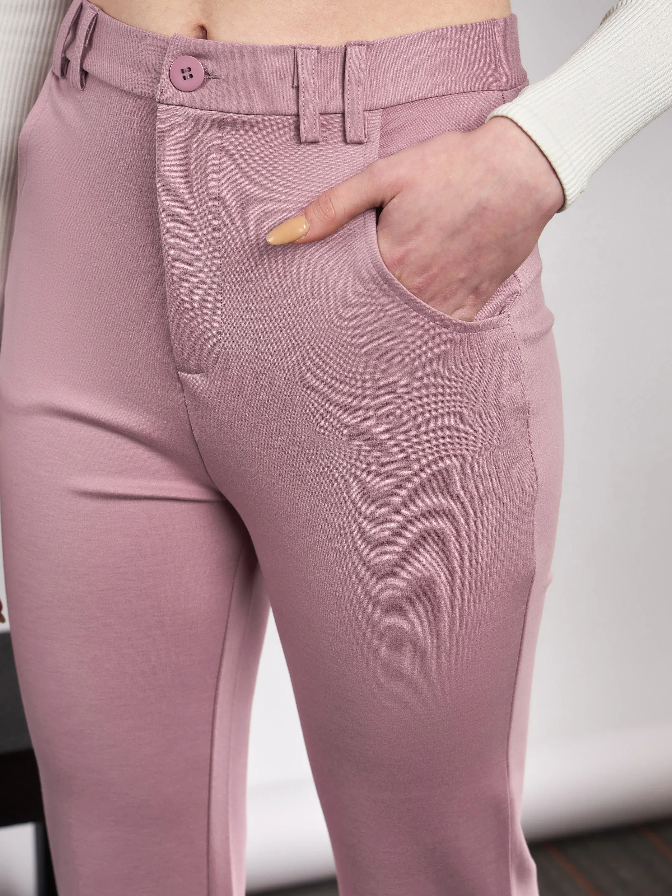 Women Light Pink Knit Bell Bottom Pants