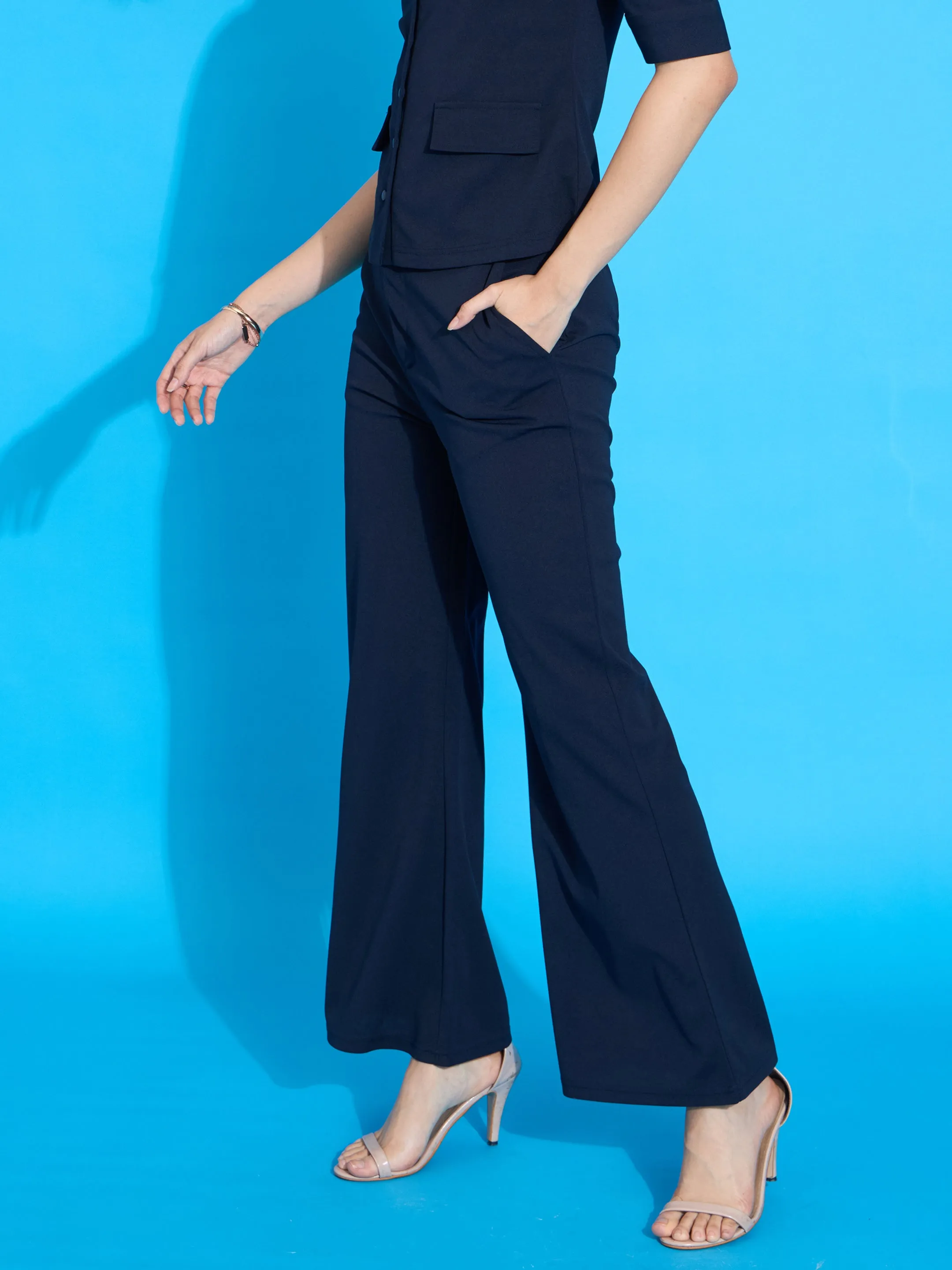 Women Navy Bell Bottom Slim Pants