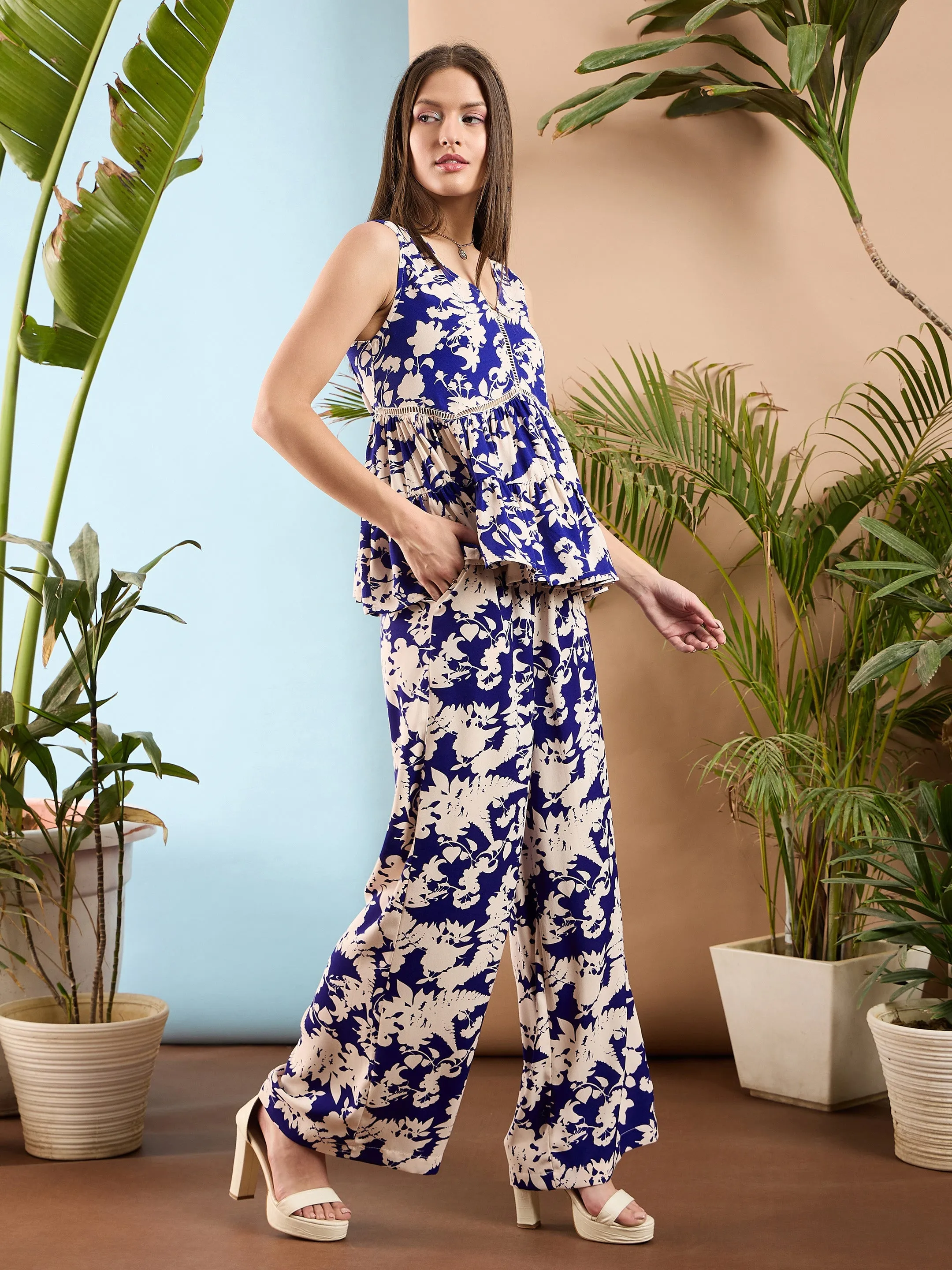 Women Royal Blue Floral Tiered Top With Palazzo Pants