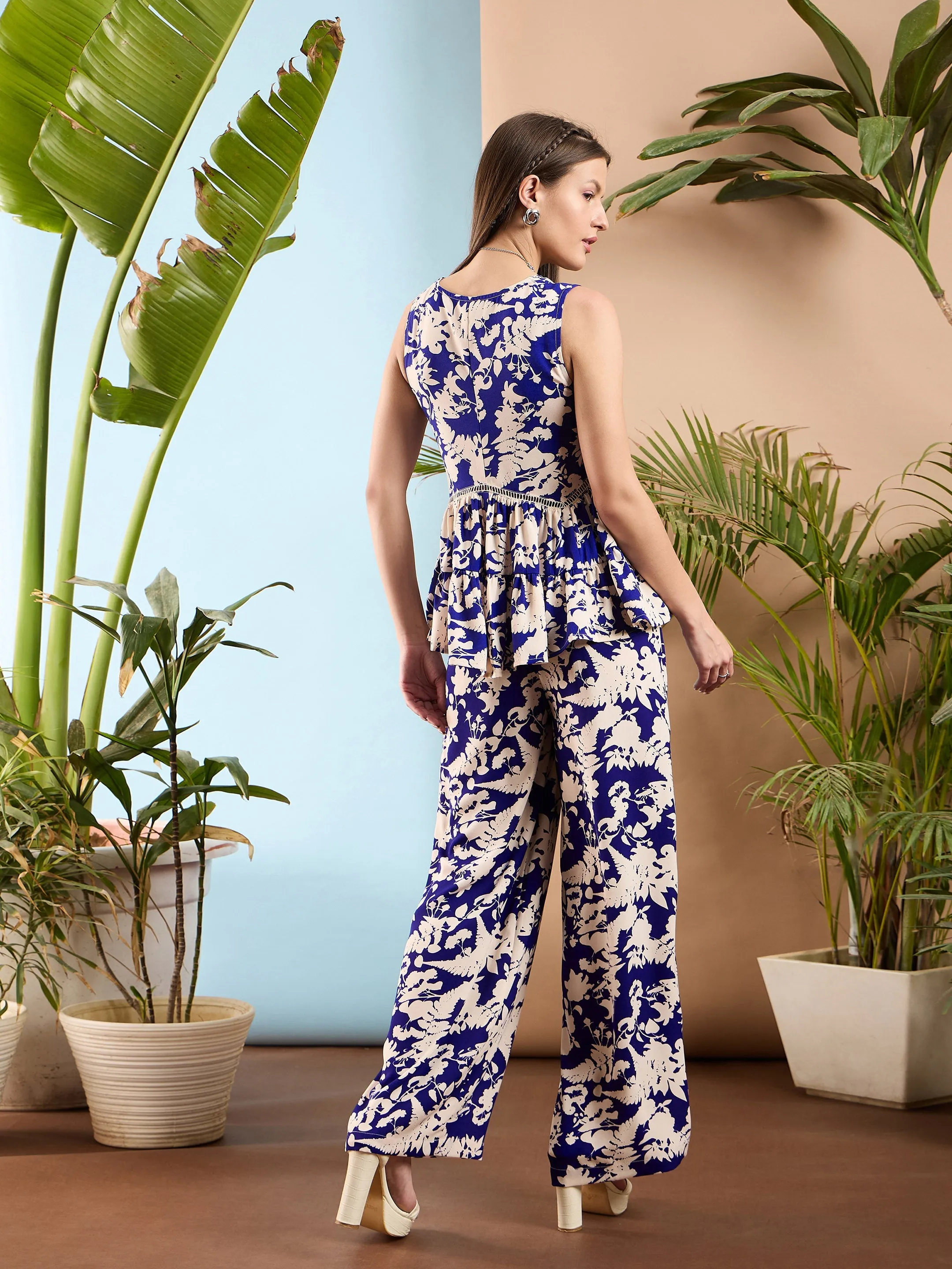 Women Royal Blue Floral Tiered Top With Palazzo Pants