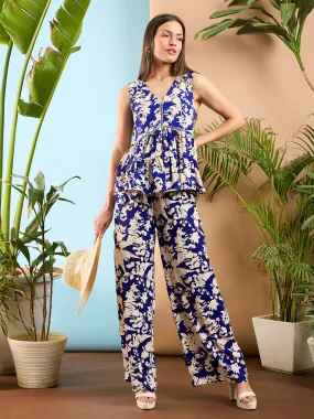 Women Royal Blue Floral Tiered Top With Palazzo Pants