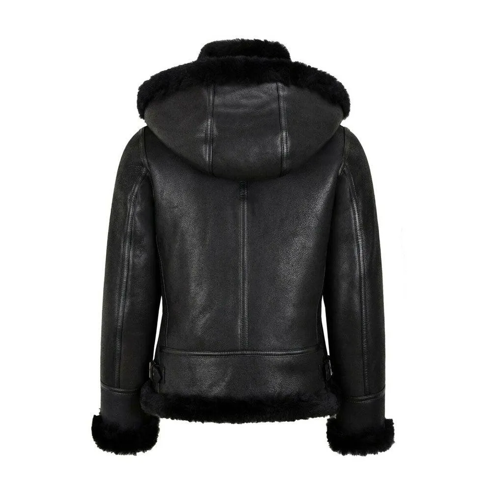 Womens B3 Bomber Hooded Classic Black Shearling Jacket