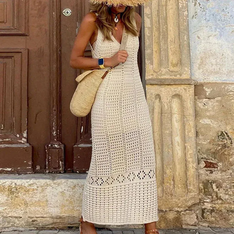 Women's Beach Sexy V-neck Knitted Hollow Out Long Summer Vacation Sleeveless Cover Up Party Loose Dress