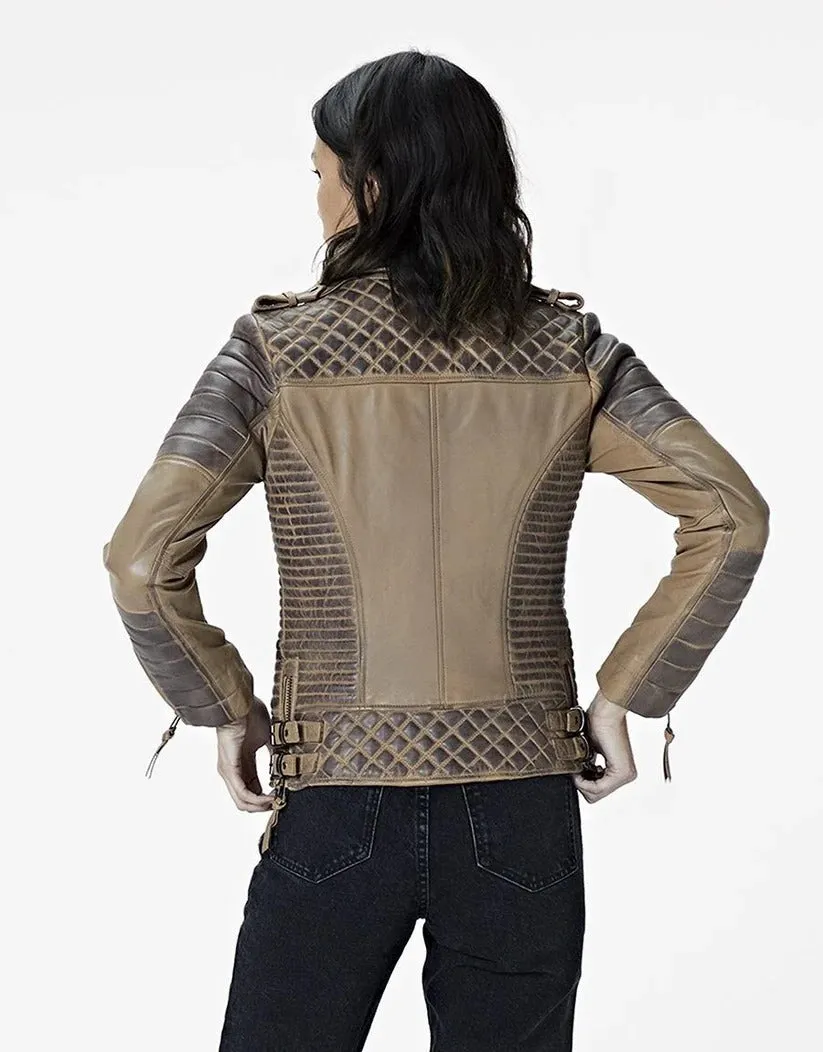 Womens Beige Leather Cafe Racer Jacket with Stylish Gray Quilted Accents