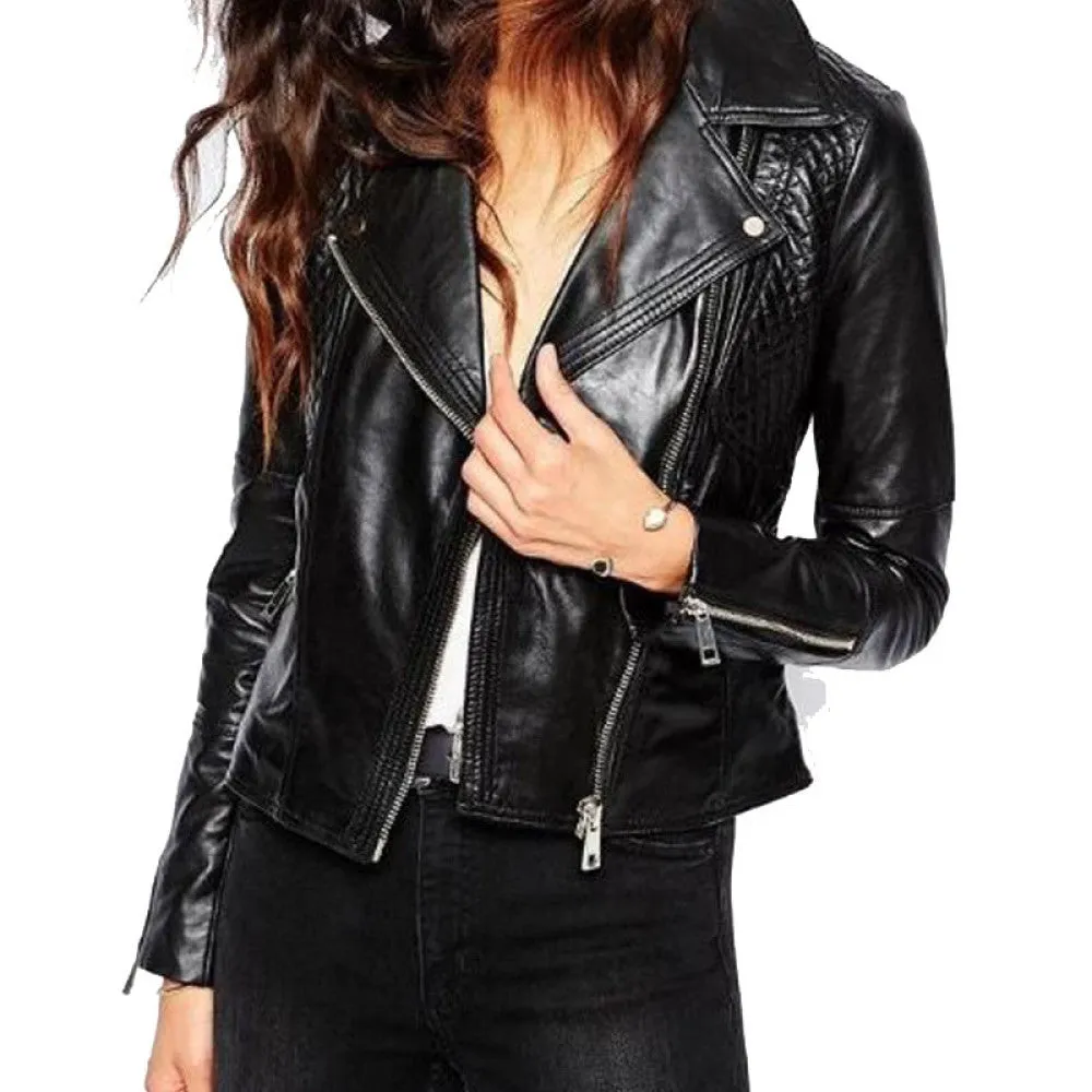 Womens Biker Designer Quilted Black Leather Jacket