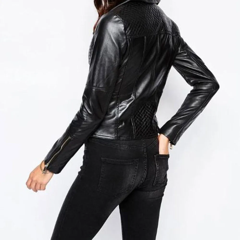 Womens Biker Designer Quilted Black Leather Jacket