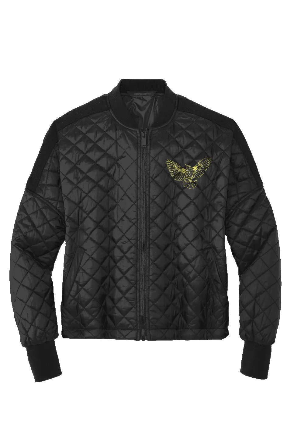 Womens Black Boxy Quilted Jacket-Embroidered Mockingbird