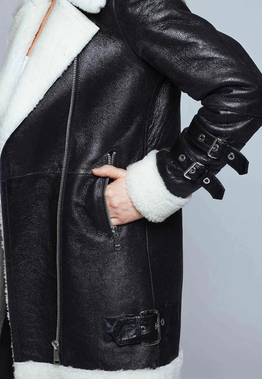 Women's Black Leather White Shearling Long Coat