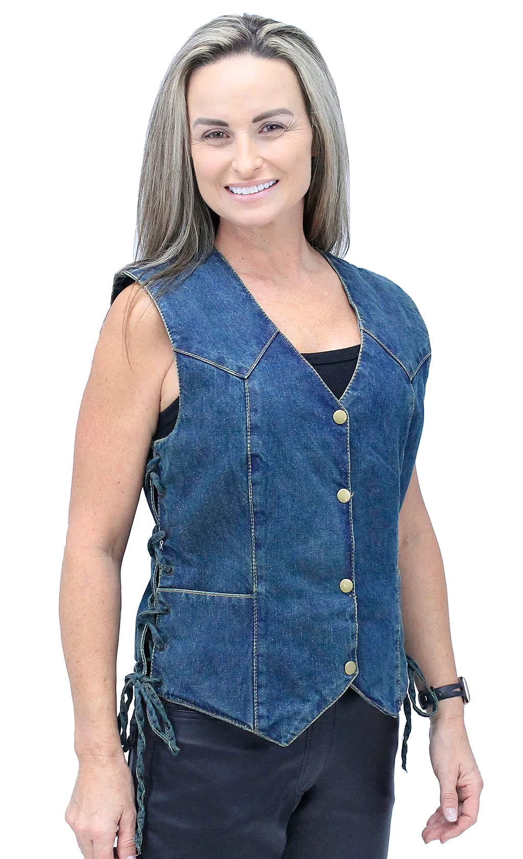 Women's Blue Denim Side Lace Biker Vest #VLC40012LU