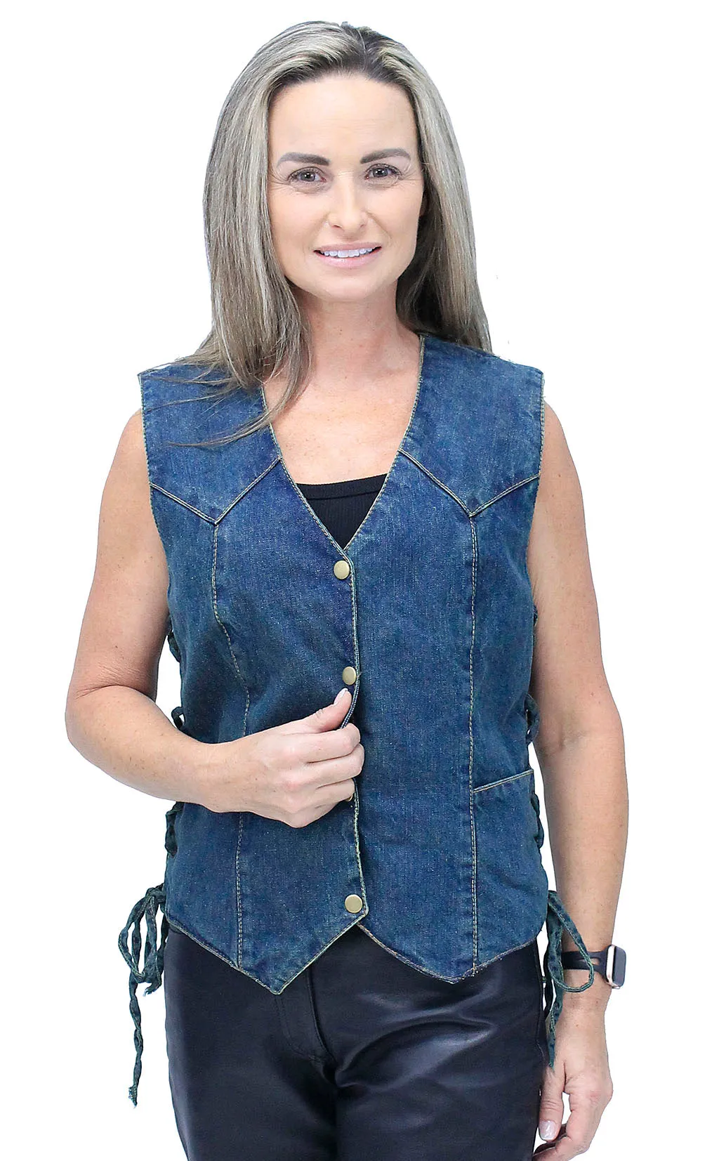 Women's Blue Denim Side Lace Biker Vest #VLC40012LU