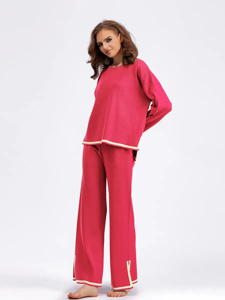 Women's Casual Long Sleeve Sweater and High Waist Wide Leg Pants Knitted Outfit Set