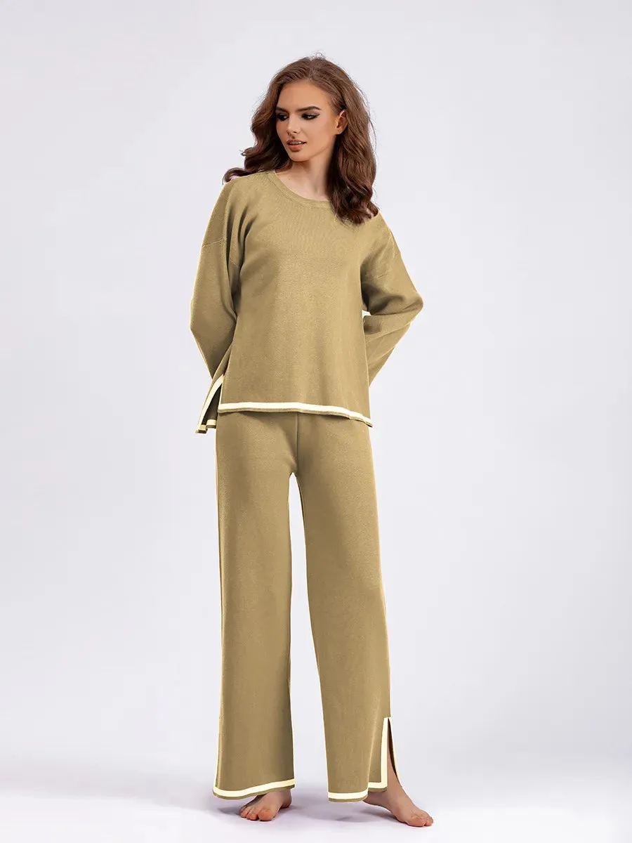 Women's Casual Long Sleeve Sweater and High Waist Wide Leg Pants Knitted Outfit Set