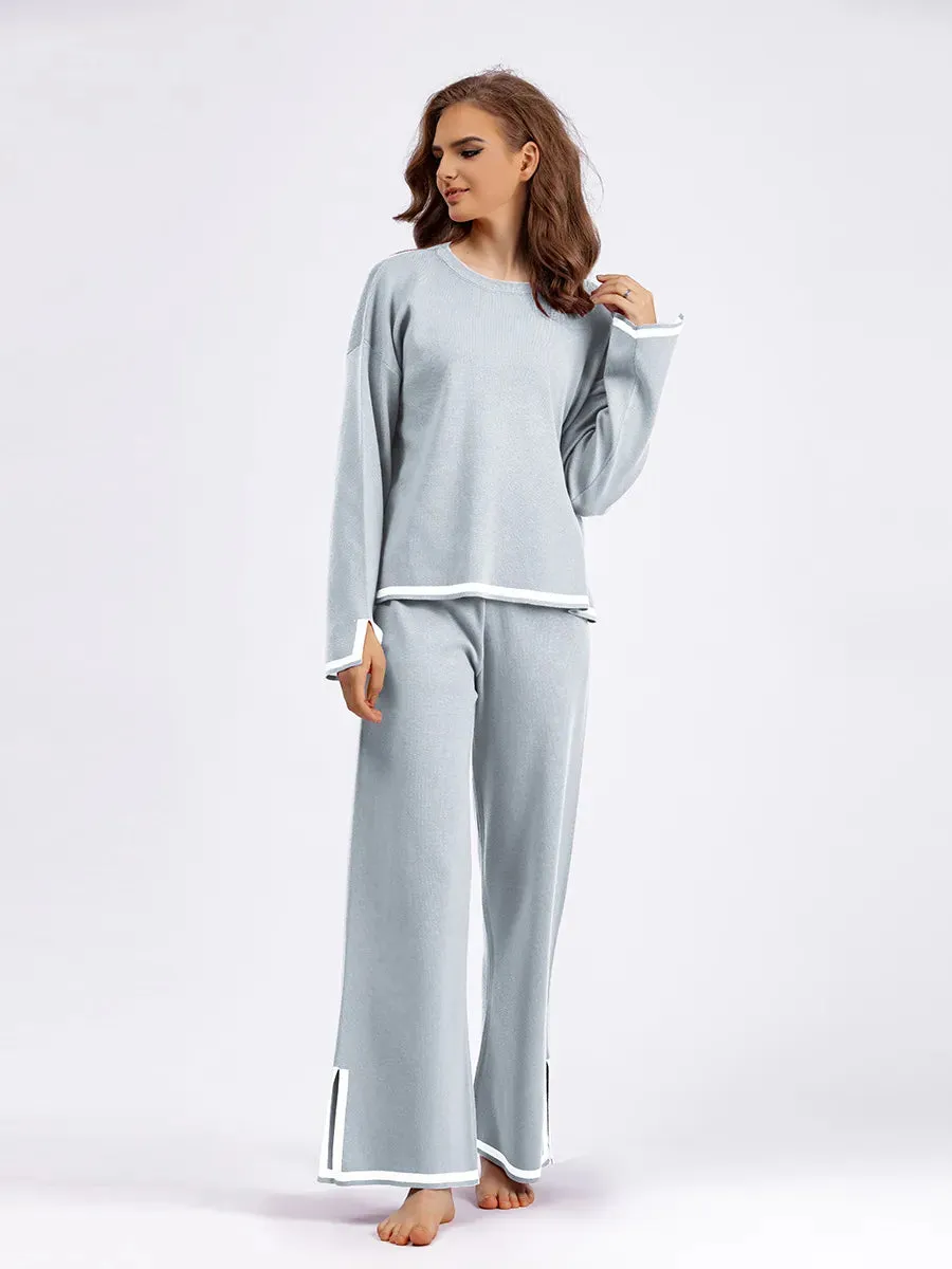 Women's Casual Long Sleeve Sweater and High Waist Wide Leg Pants Knitted Outfit Set