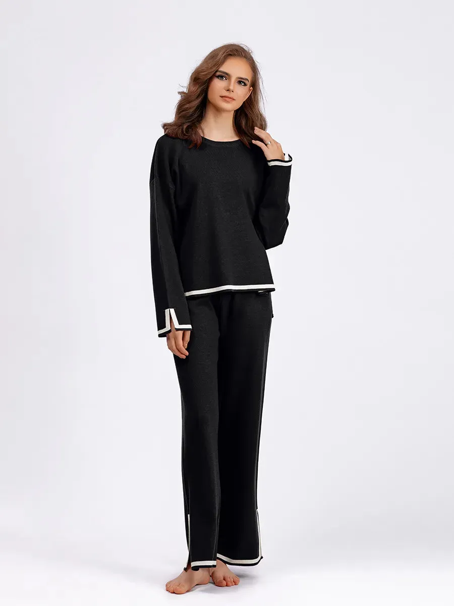 Women's Casual Long Sleeve Sweater and High Waist Wide Leg Pants Knitted Outfit Set