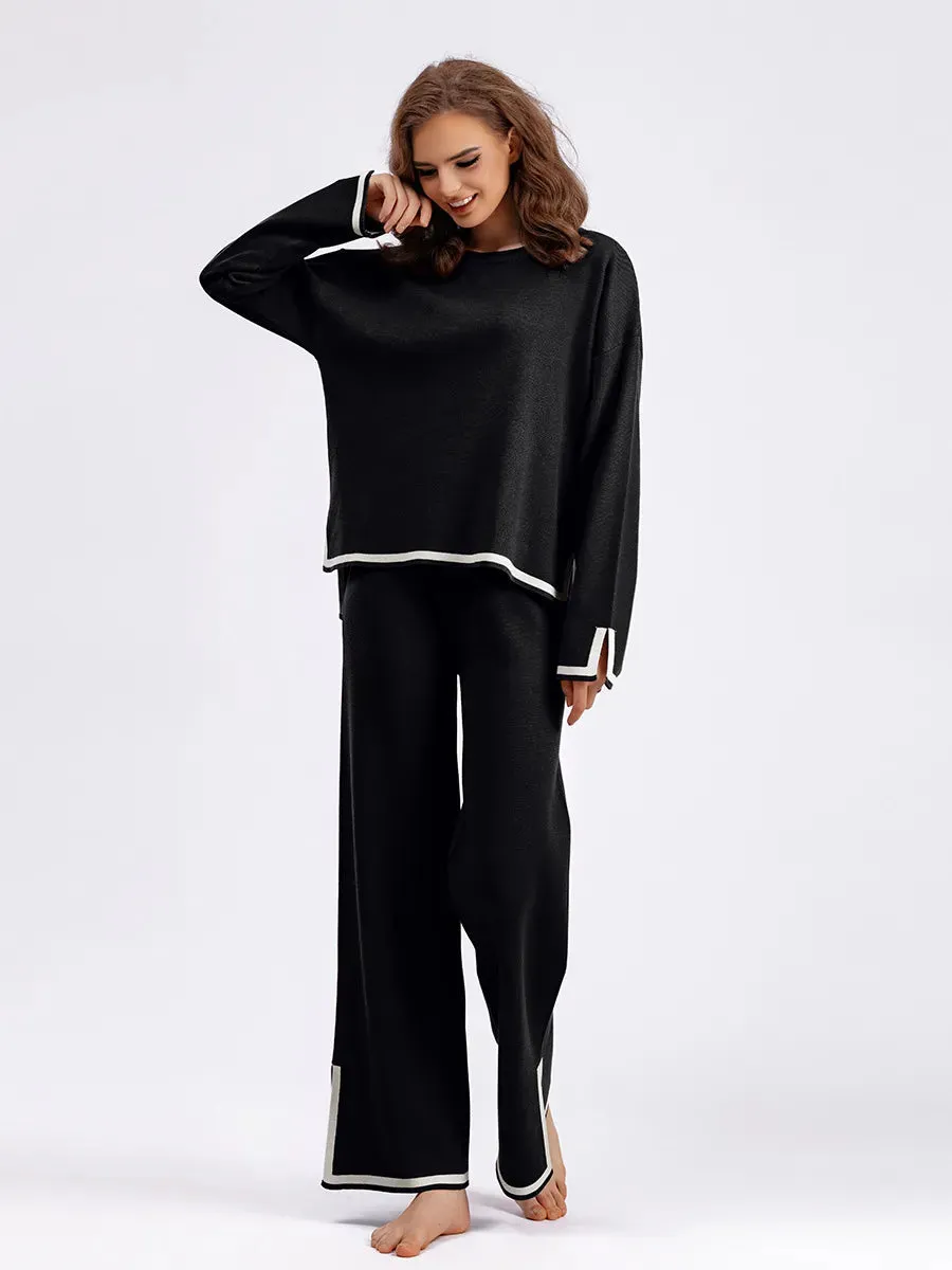 Women's Casual Long Sleeve Sweater and High Waist Wide Leg Pants Knitted Outfit Set