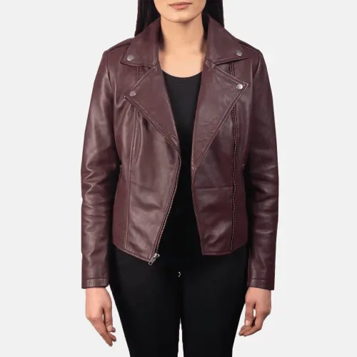 Womens Flashback Maroon Leather Biker Jacket