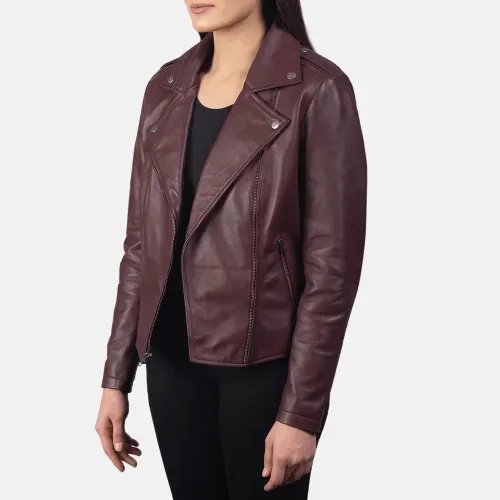 Womens Flashback Maroon Leather Biker Jacket