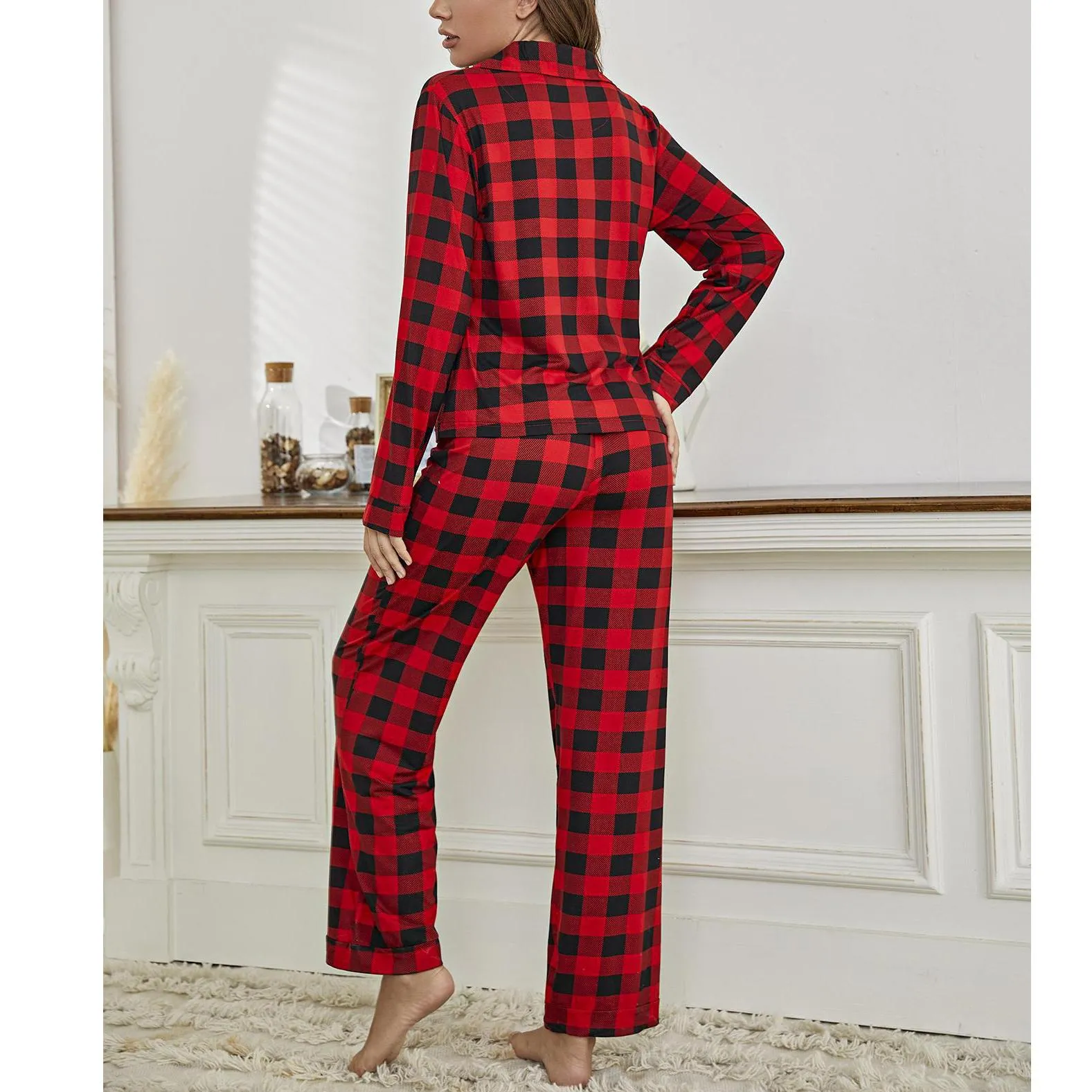 Women's Pajama Set Buffalo Plaid Long Sleeve Revere Collar Button Up Shirt and Pants 2 Piece PJ Lounge Sleep Suit Nightwear Sleepwear