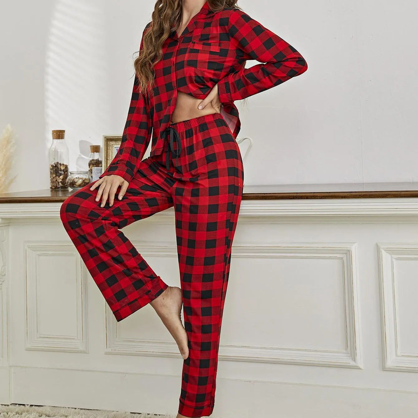 Women's Pajama Set Buffalo Plaid Long Sleeve Revere Collar Button Up Shirt and Pants 2 Piece PJ Lounge Sleep Suit Nightwear Sleepwear