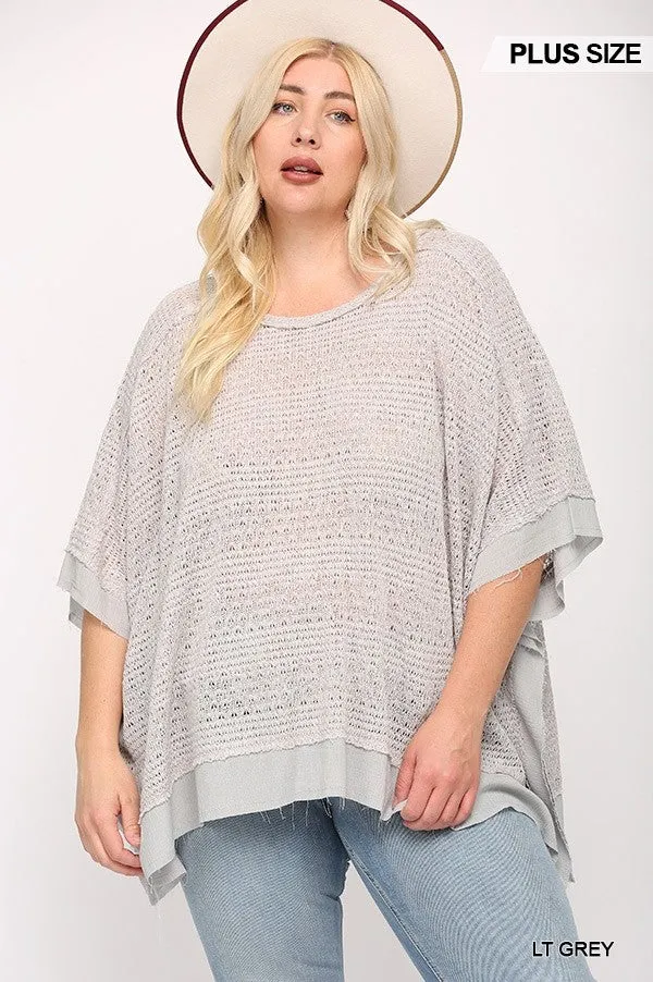 Women's Plus Light Knit And Woven Mixed Boxy Top With Poncho Sleeve