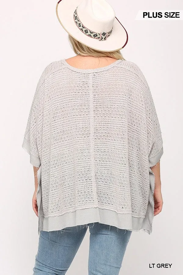 Women's Plus Light Knit And Woven Mixed Boxy Top With Poncho Sleeve