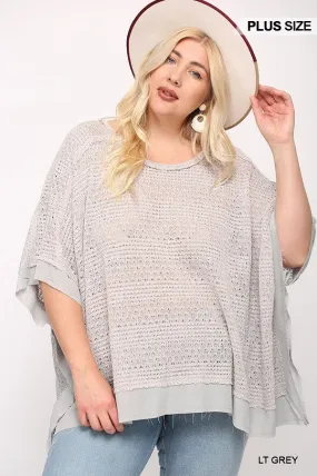 Women's Plus Light Knit And Woven Mixed Boxy Top With Poncho Sleeve